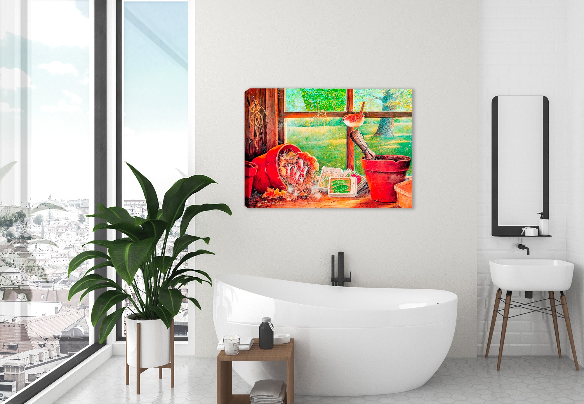 Painting of a garden shed with seedlings and a  Carolina Wren - painting on canvas wrap hanging on bath room wall.