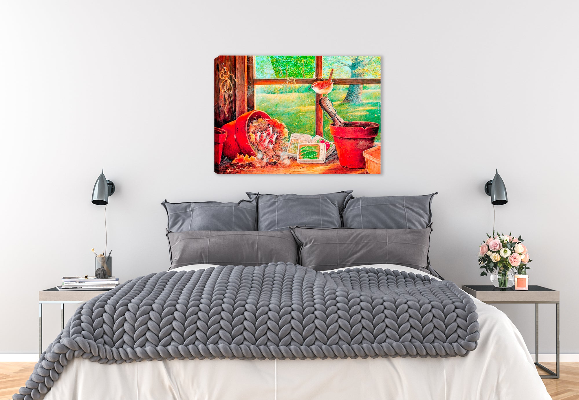 Painting of a garden shed with seedlings and a  Carolina Wren - painting on canvas wrap hanging on bedroom wall.