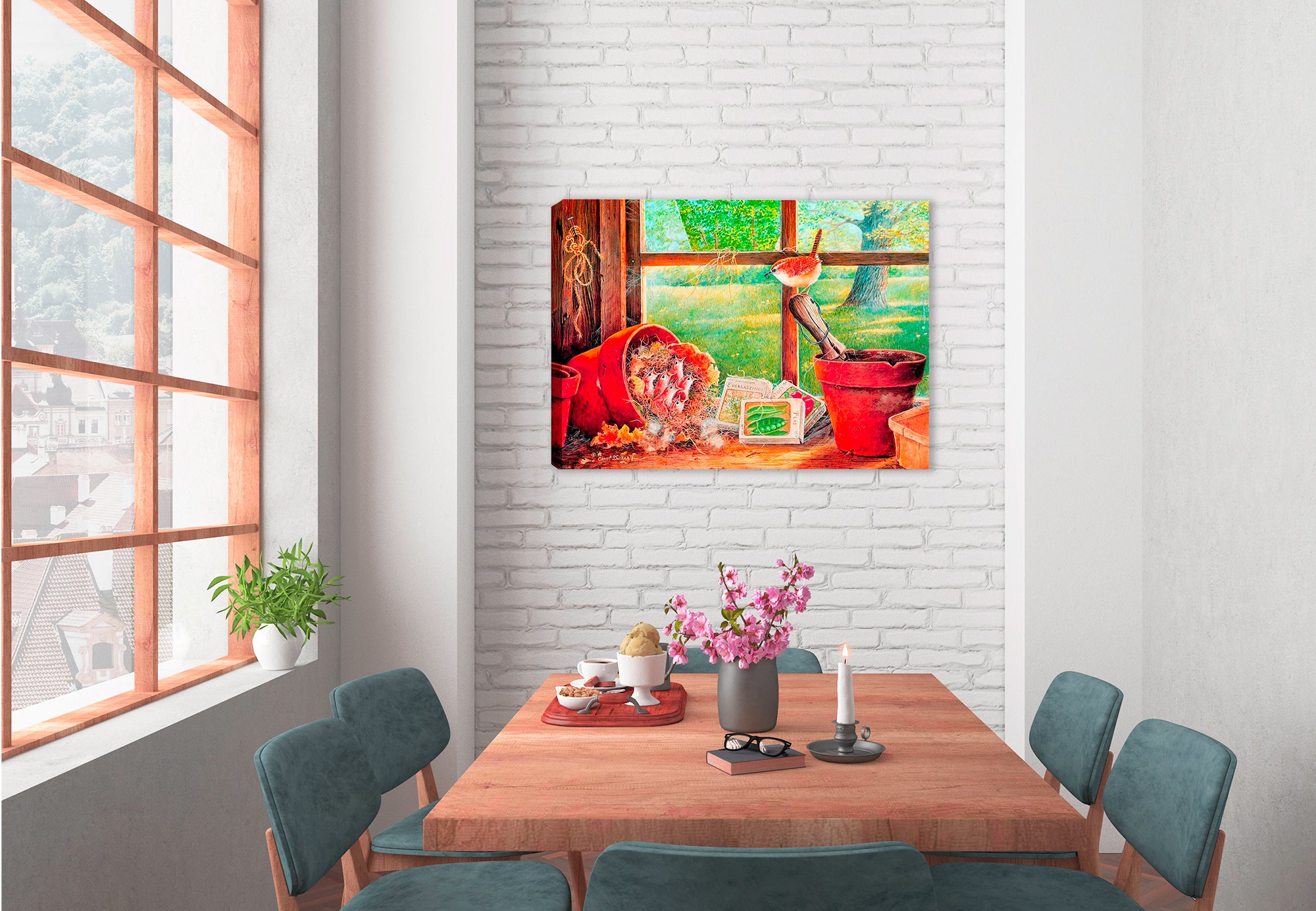 Painting of a garden shed with seedlings and a  Carolina Wren - painting on canvas wrap hanging on dining room wall.