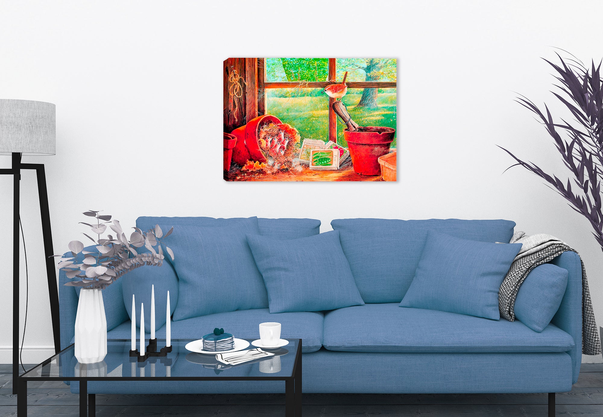 Painting of a garden shed with seedlings and a  Carolina Wren - painting on canvas wrap hanging on living room wall.