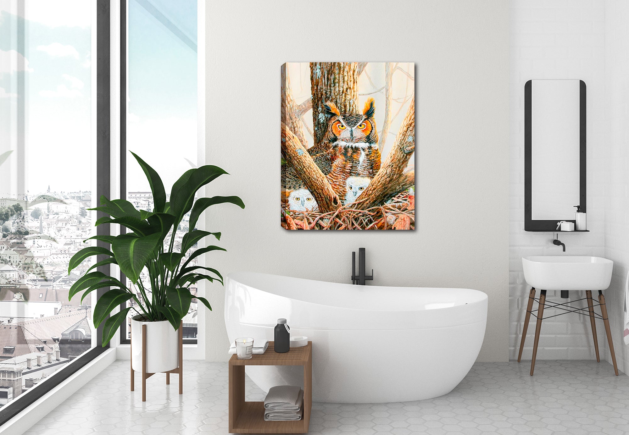 Ghosted Owls and Chicks in Nest - Canvas Wrapped Print - Hung on Bathroom Wall