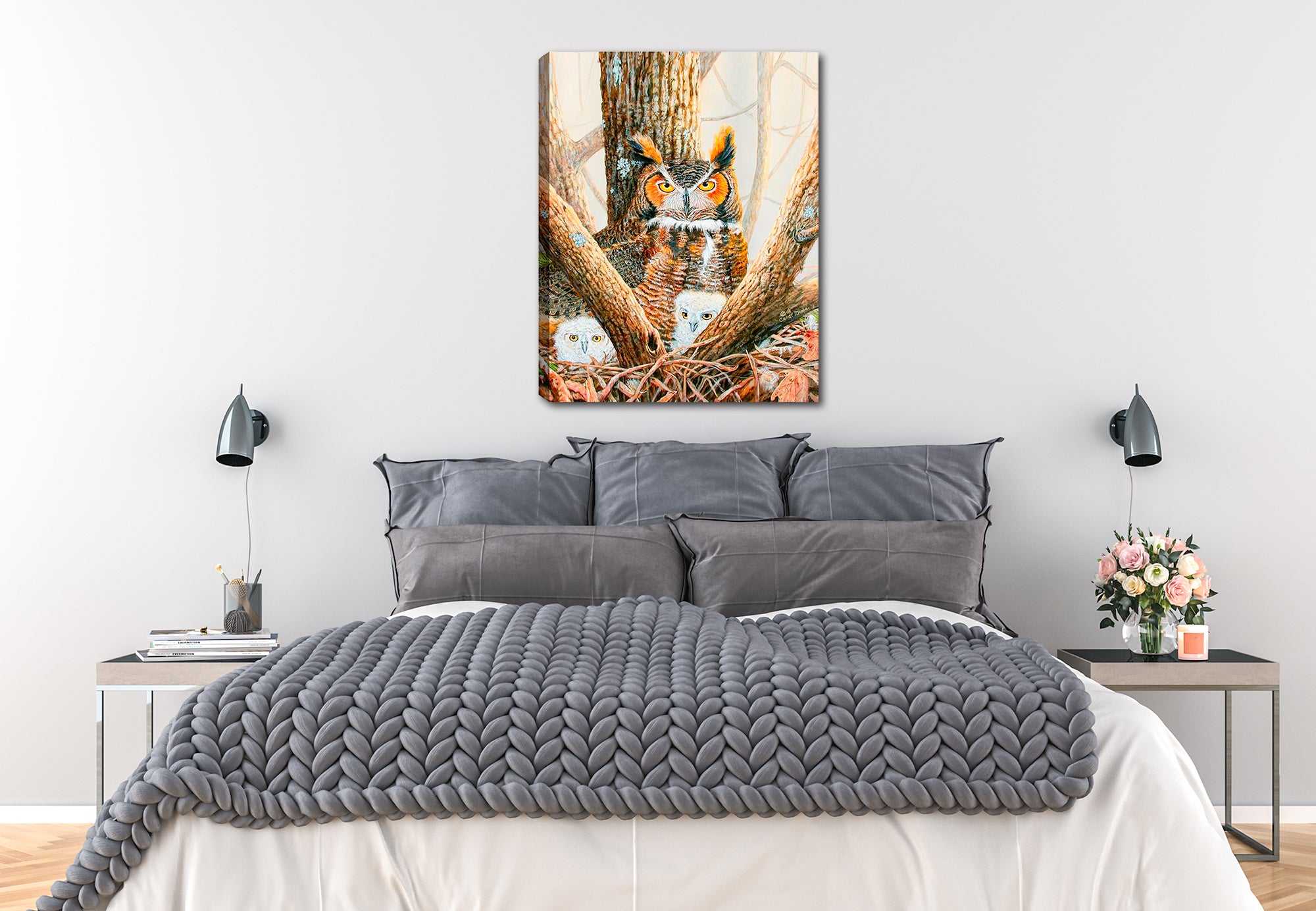 Ghosted Owls and Chicks in Nest - Canvas Wrapped Print - Hung on Bedroom Wall