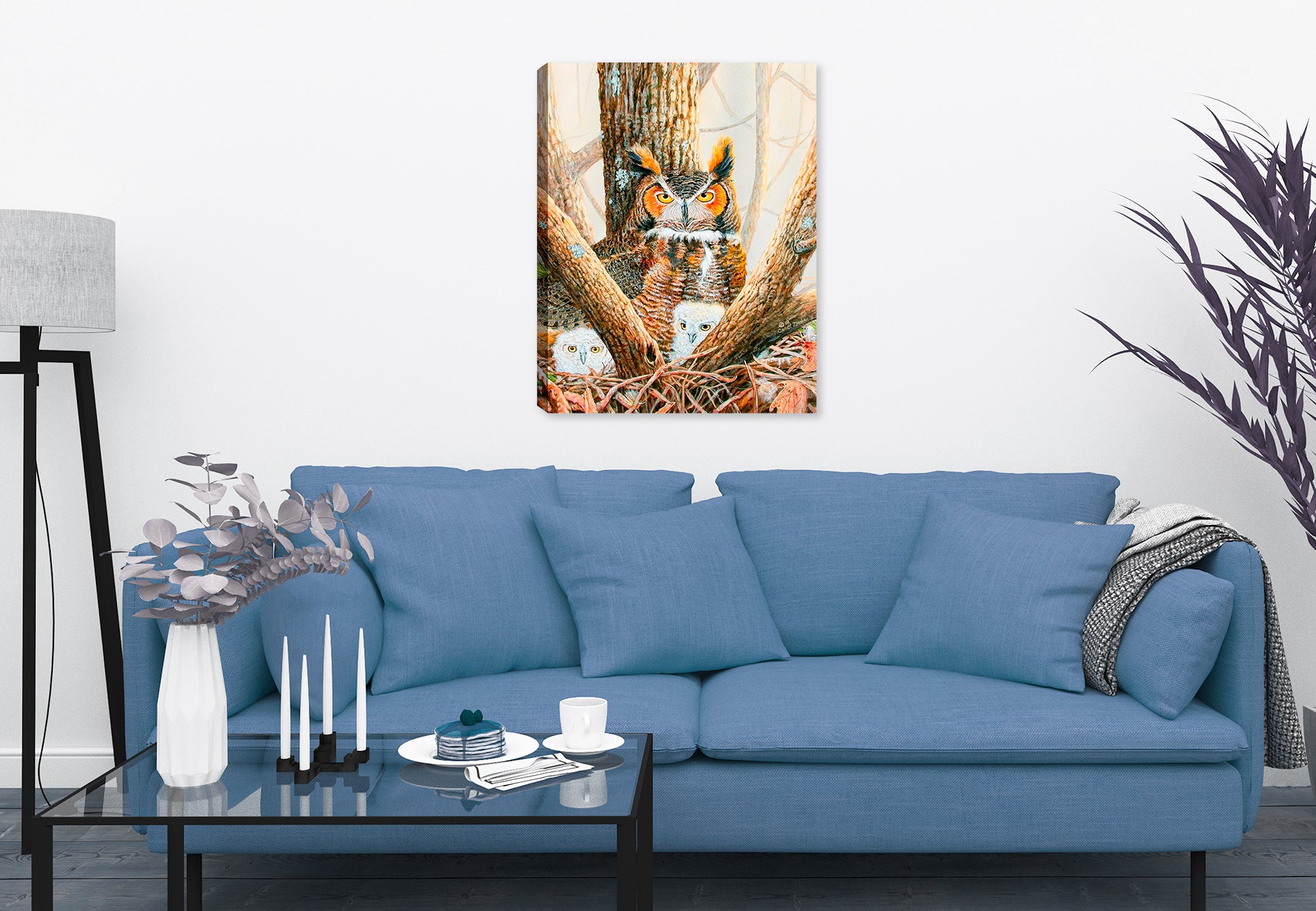 Ghosted Owls and Chicks in Nest - Canvas Wrapped Print - Hung on Living Room Wall