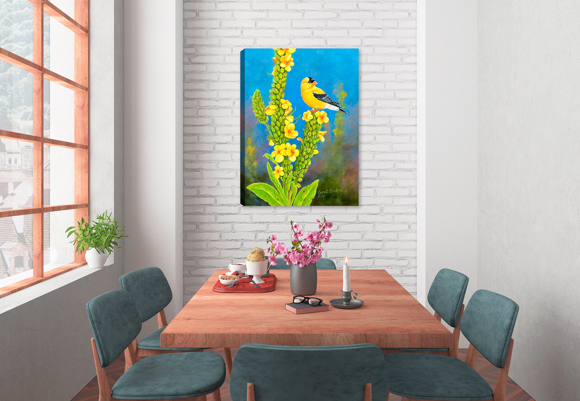 Goldfinch on Flowers - Printed on Canvas - Hung on Dining Room Wall