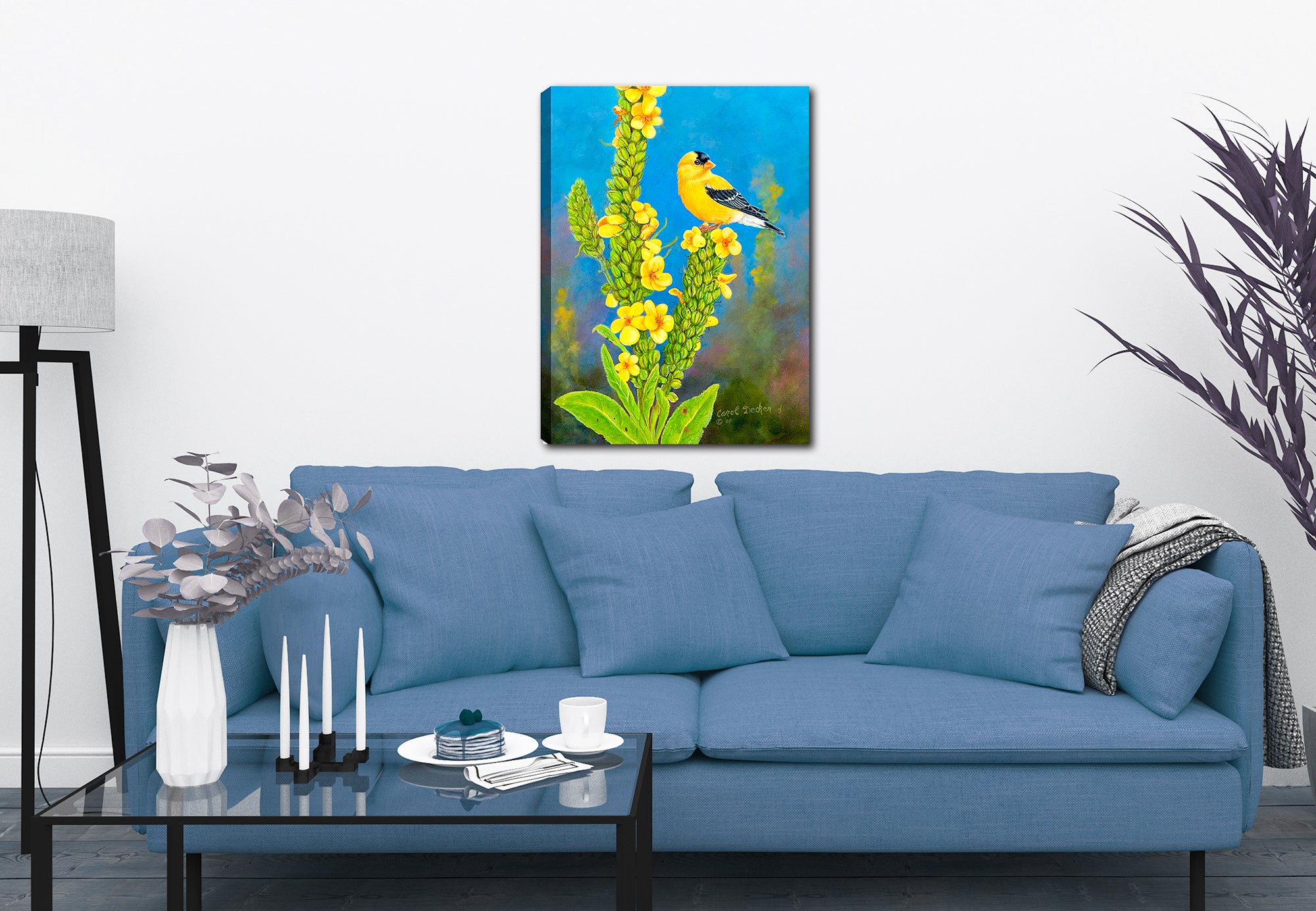 Goldfinch on Flowers - Printed on Canvas - Hung on Living Room Wall
