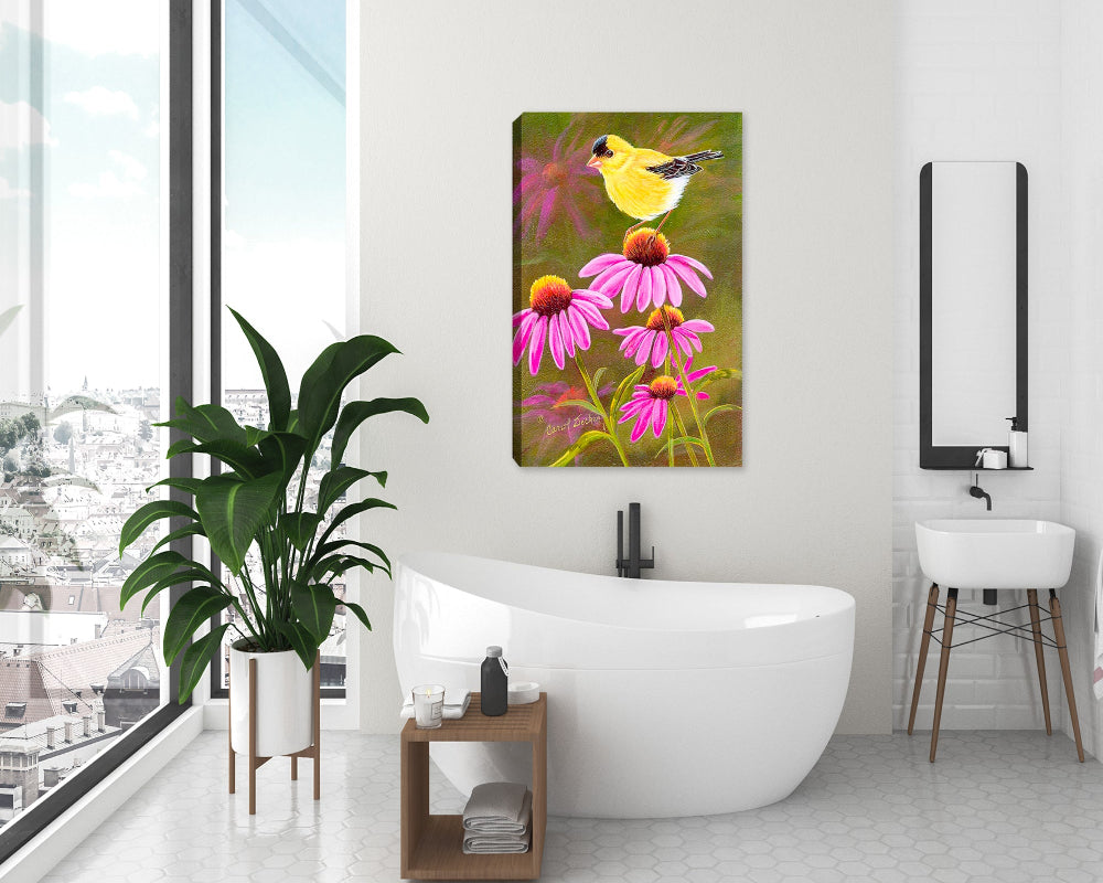 Goldfinch on Purple Coneflower - Hung on Bathroom Wall