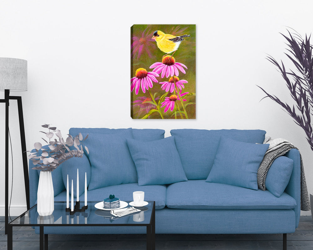 Goldfinch on Purple Coneflower - Hung on Living Room Wall
