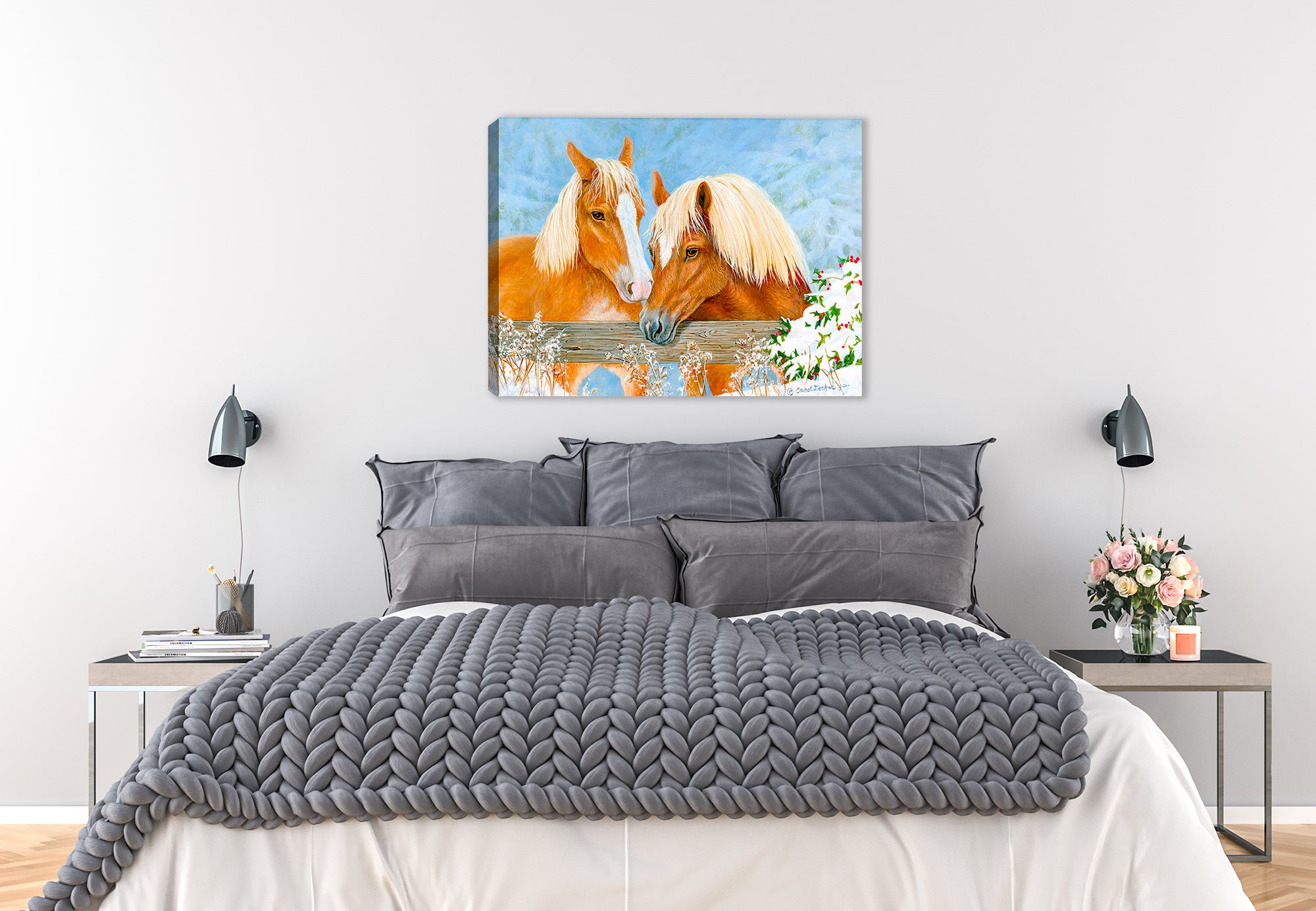 Holiday Horses Painting by Carol Decker - Canvas hanging on Bedroom Wall