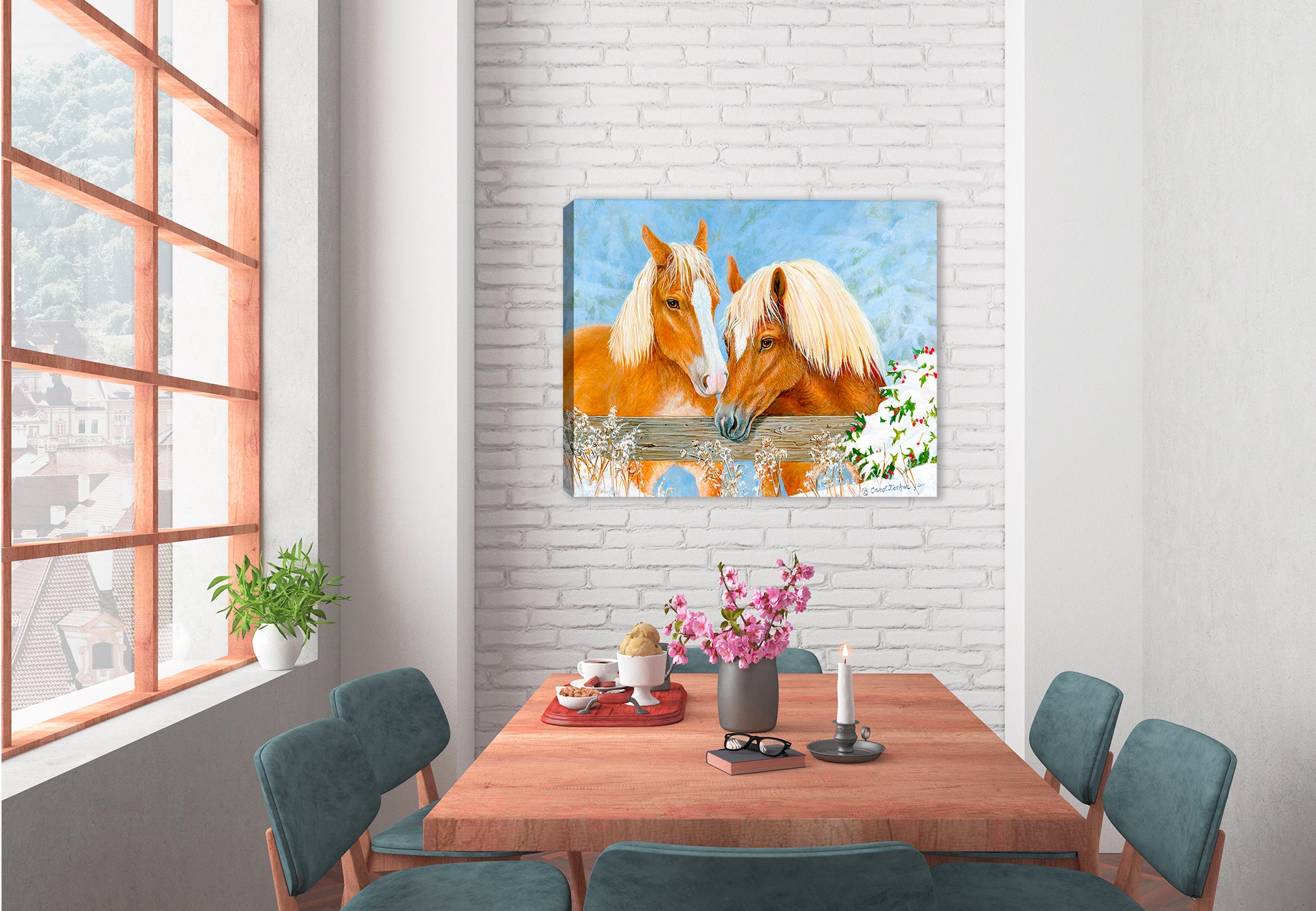 Holiday Horses Painting by Carol Decker - Canvas hanging on Dining Room Wall