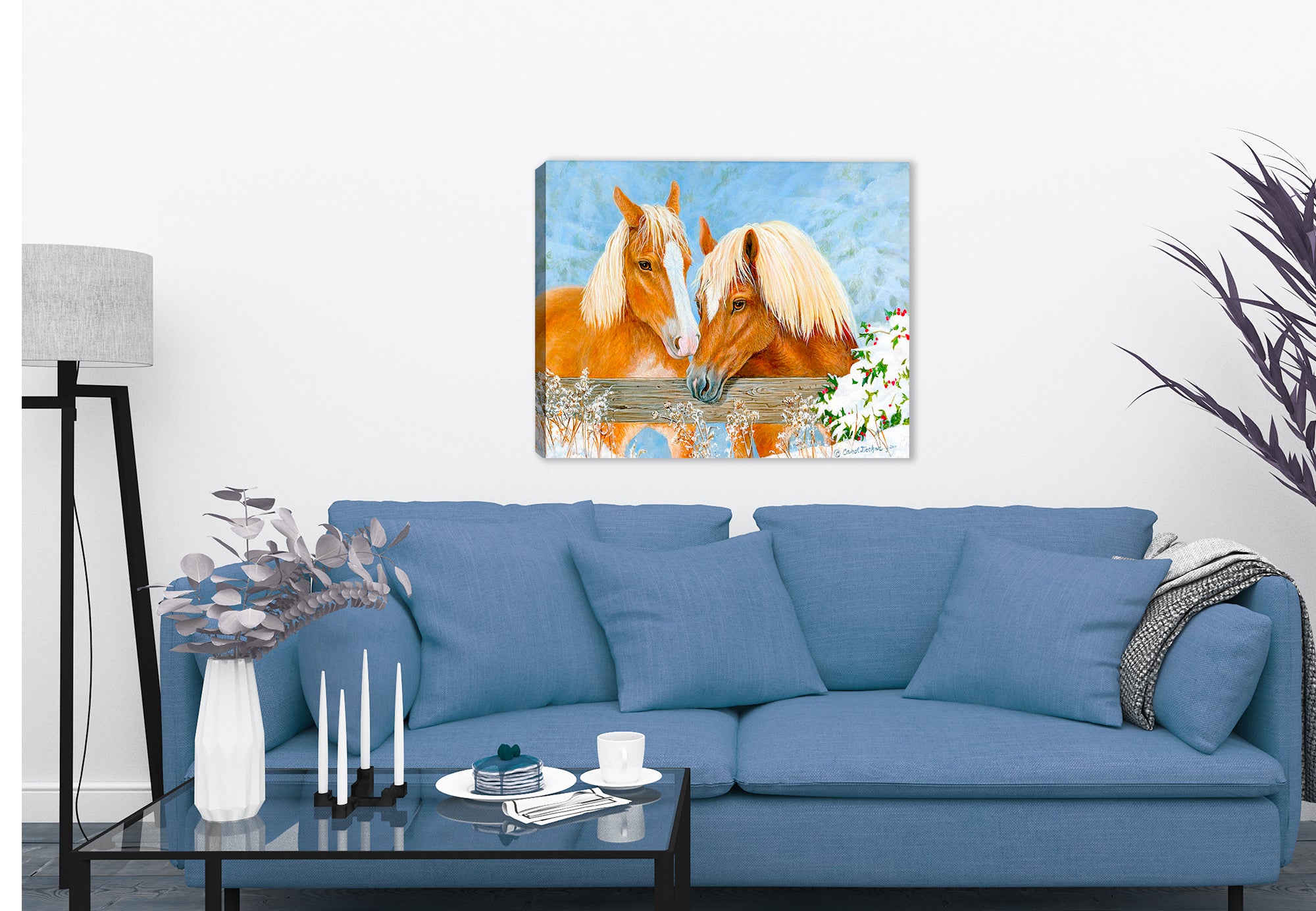 Holiday Horses Painting by Carol Decker - Canvas hanging on Living Room Wall