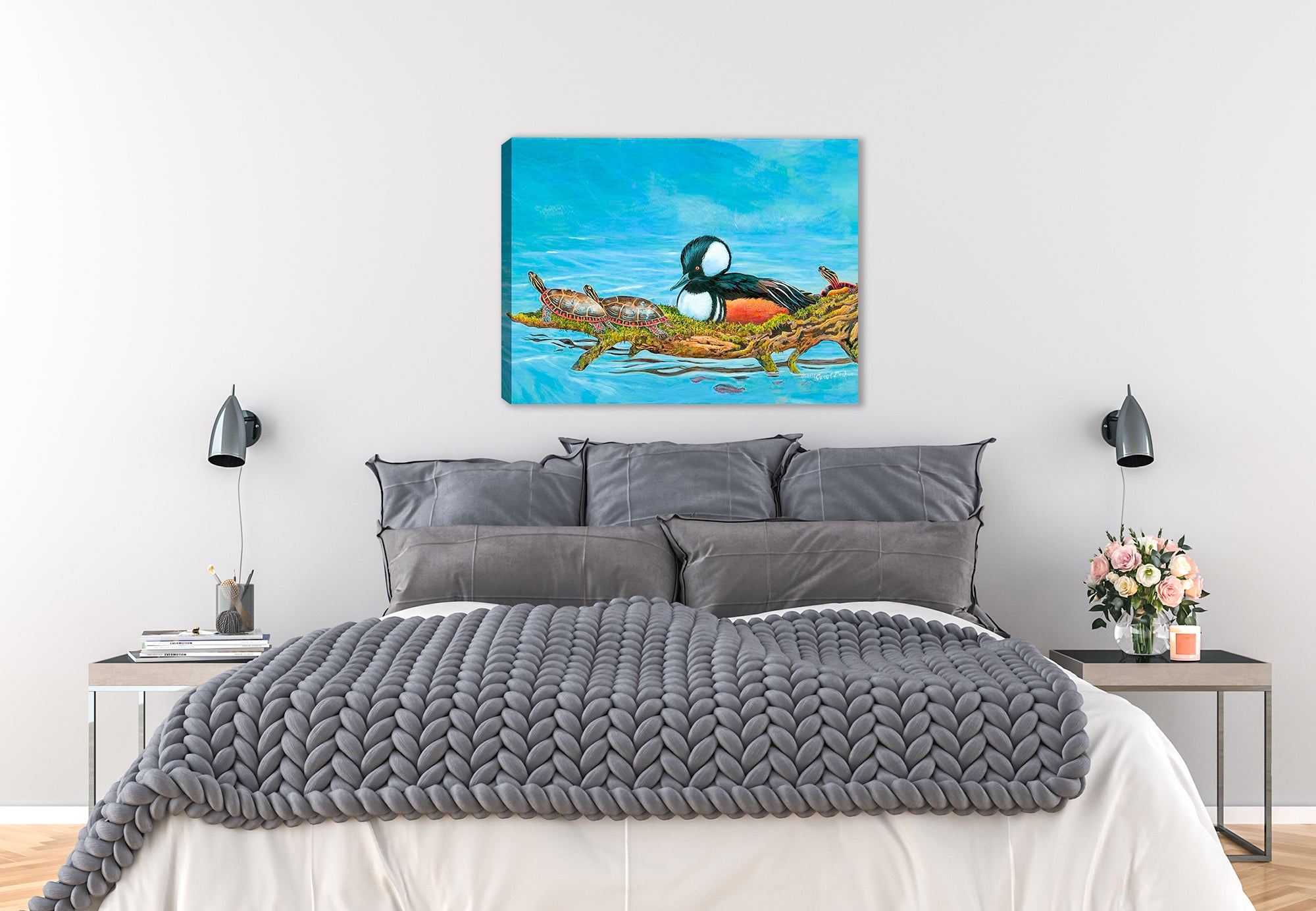 Hooded Merganser - Painting Printed on Canvas - Hanging on Bedroom Wall