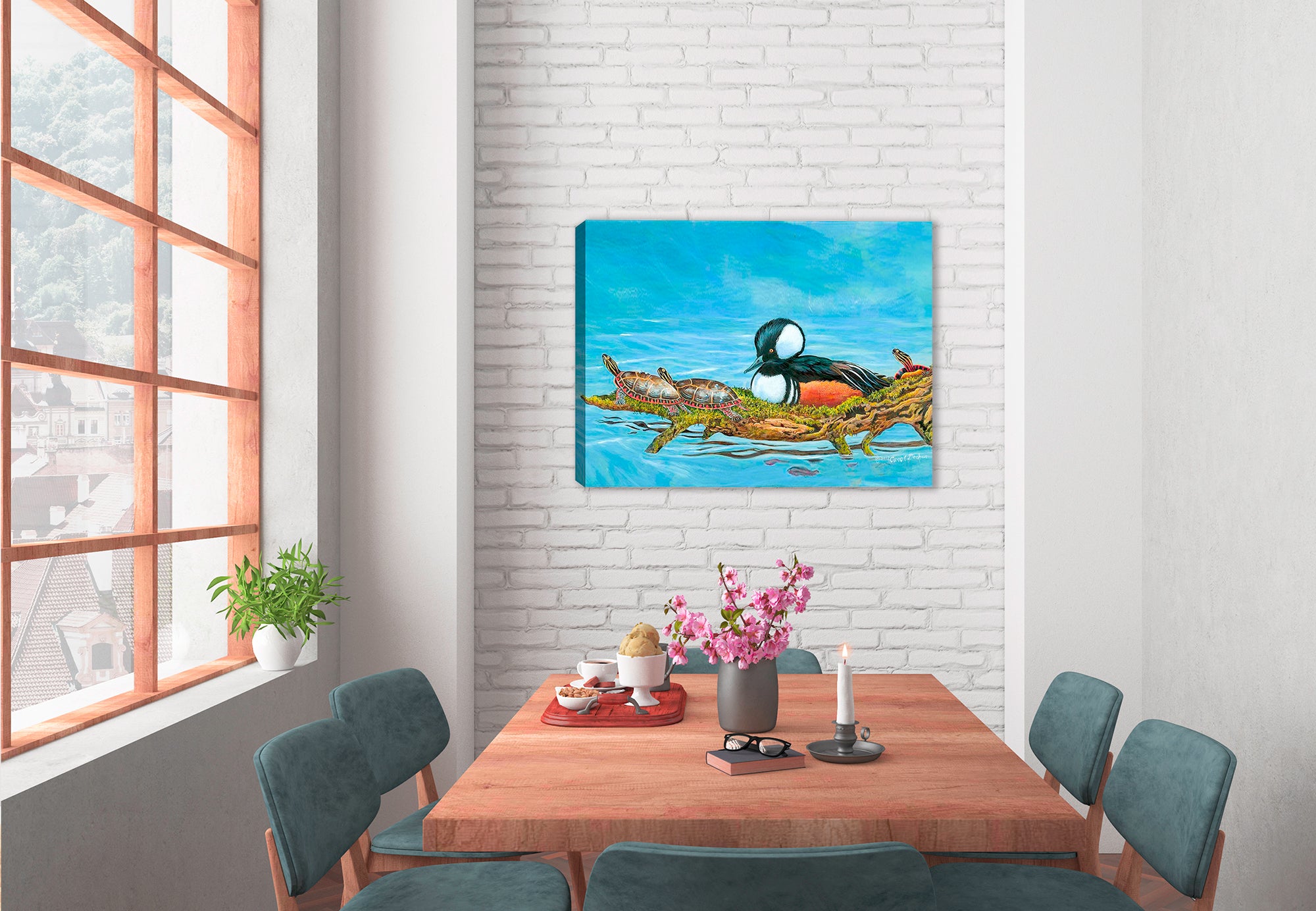 Hooded Merganser - Painting Printed on Canvas - Hanging on Dining Room Wall