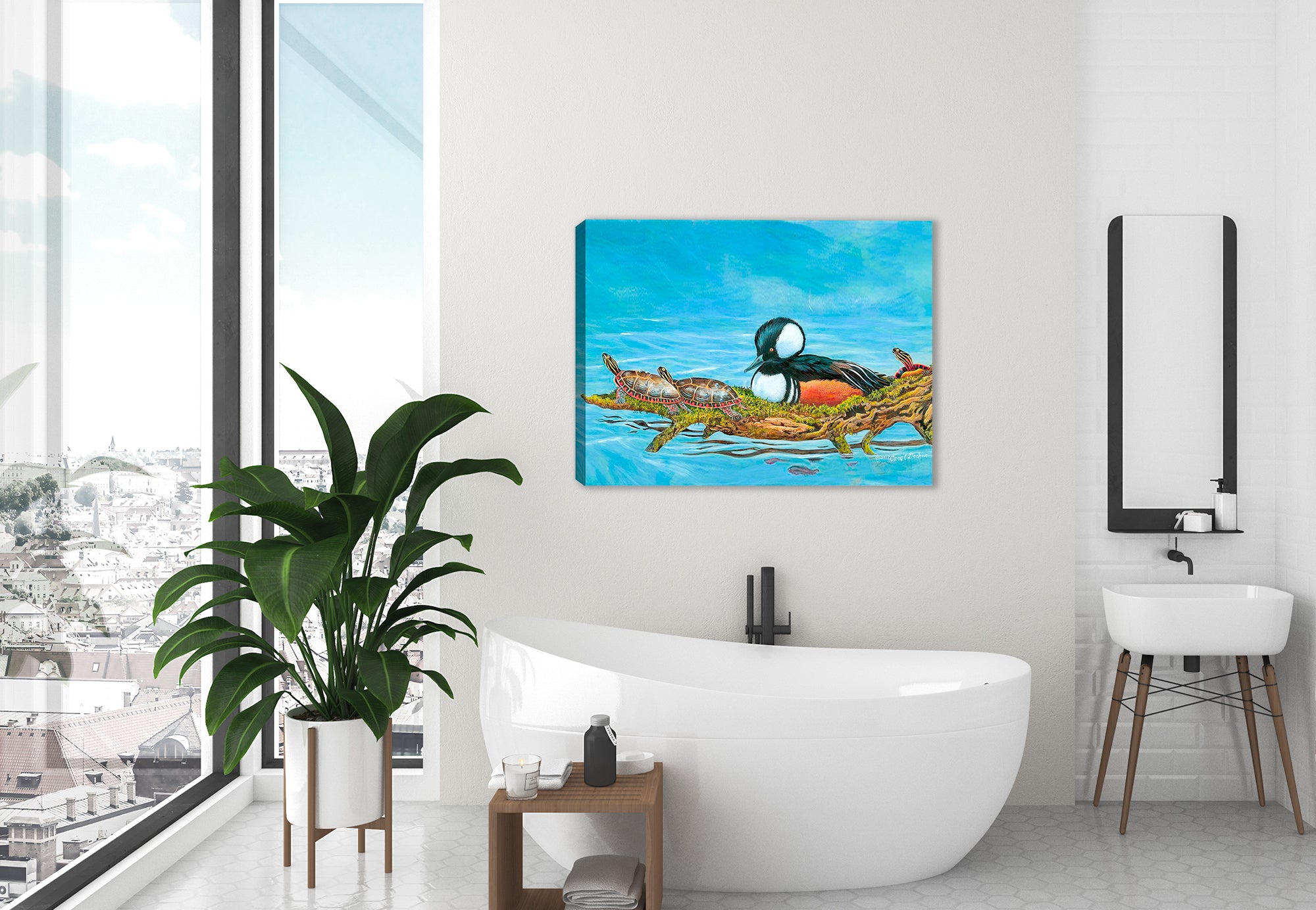 Hooded Merganser - Painting Printed on Canvas - Hanging on Bathroom Wall