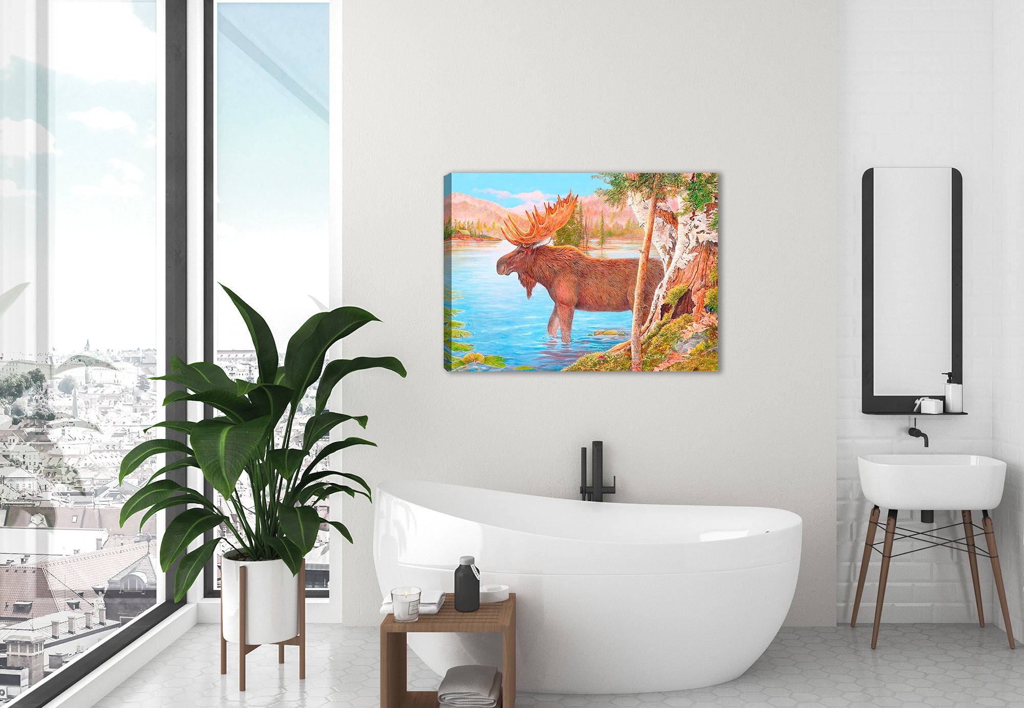 Majestic Moose Painting printed on Canvas - Hung on Bathroom Wall