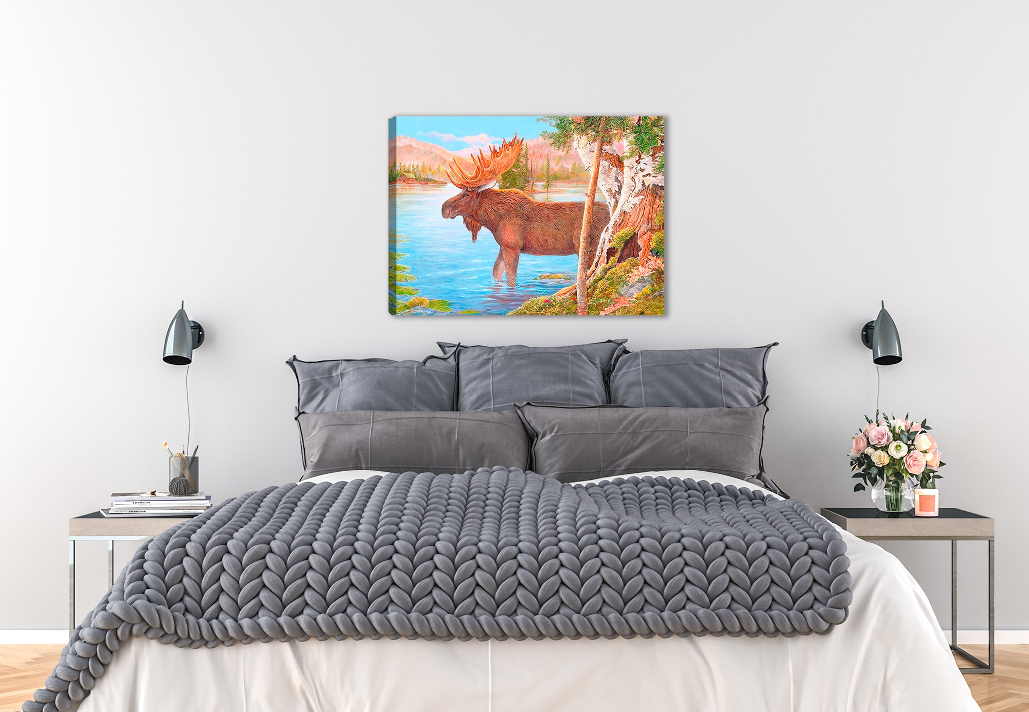 Majestic Moose Painting printed on Canvas - Hung on Bedroom Wall