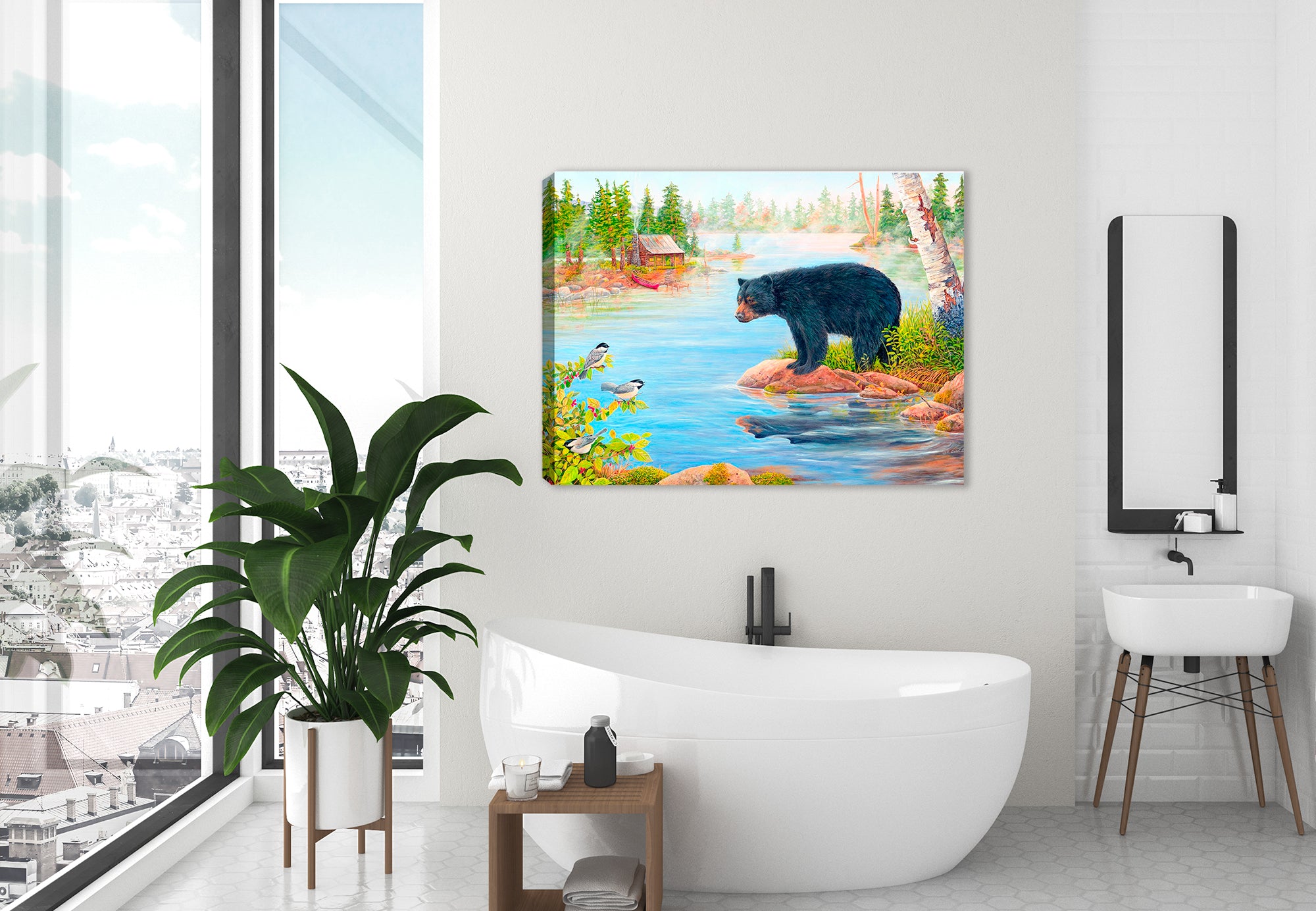 Misty Morning Encounter by Carol Decker - Painting printed on Canvas. - Hung on Bathroom Wall