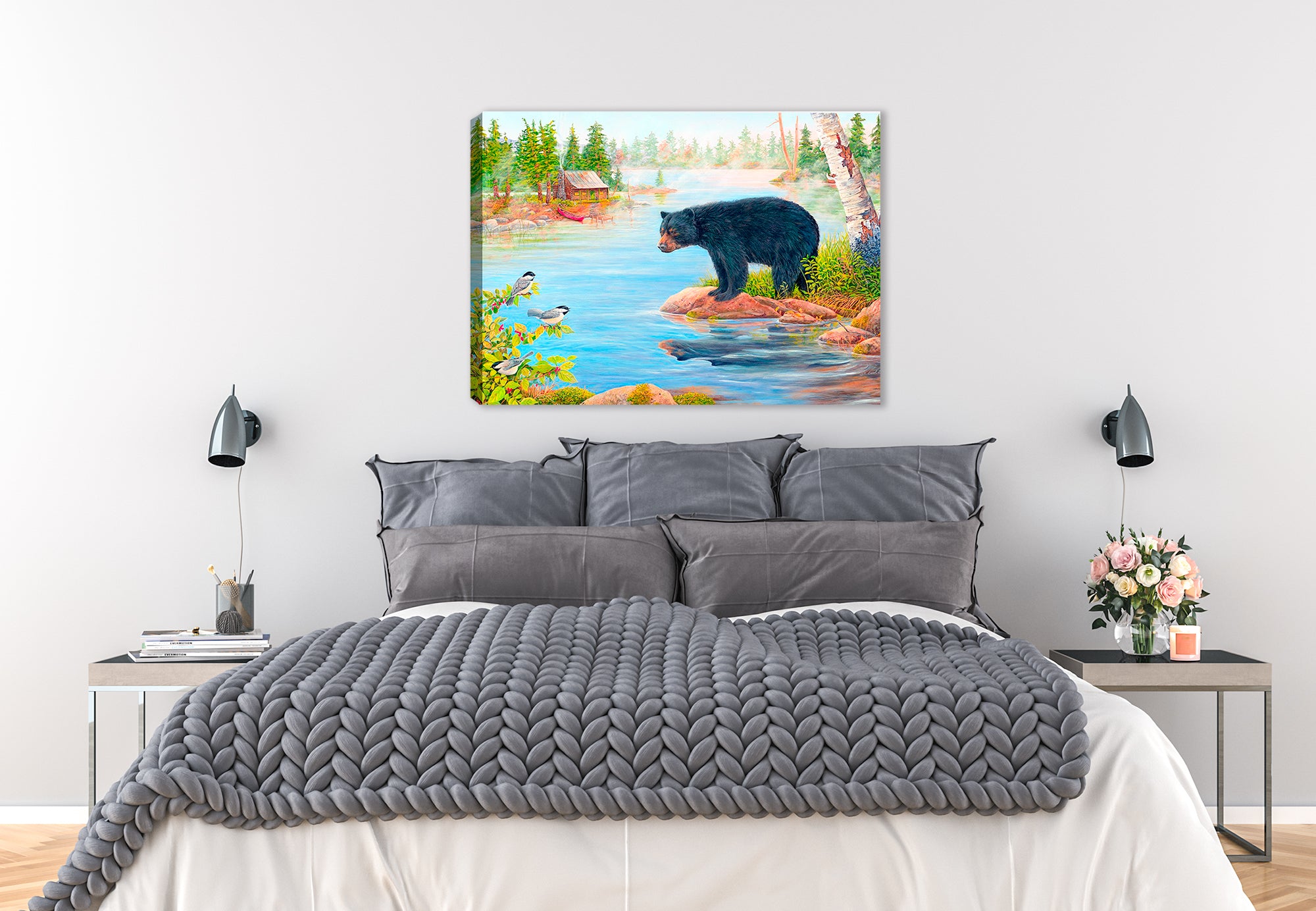 Misty Morning Encounter by Carol Decker - Painting printed on Canvas. - Hung on Bedroom Wall