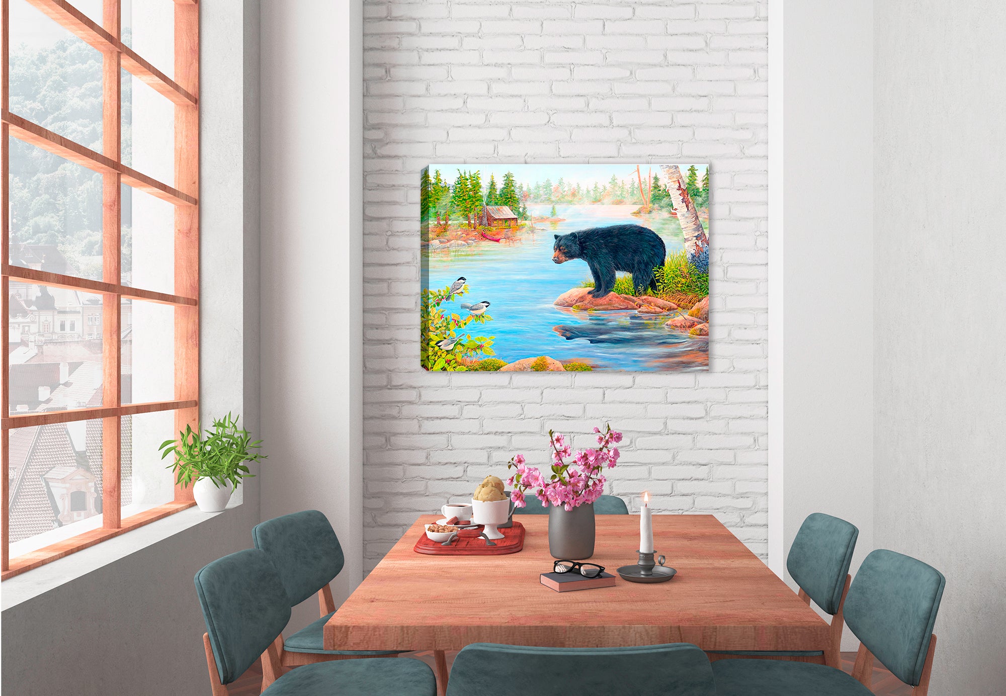 Misty Morning Encounter by Carol Decker - Painting printed on Canvas. - Hung on Dining Room Wall