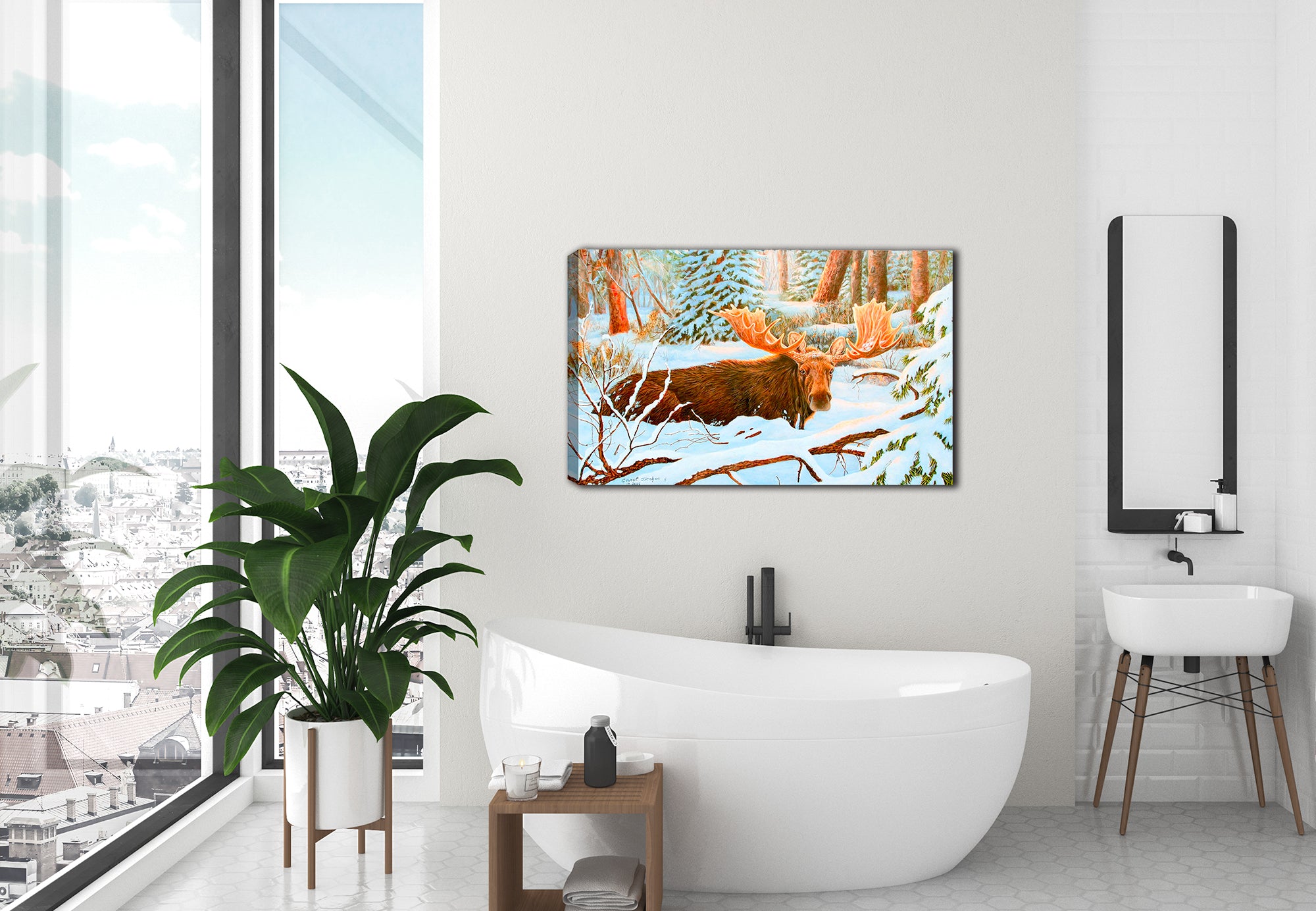 Painting of a Bull Moose  in the Deep Snow looking straight into the viewer - printed on Waterproof Canvas - Hung of bathroom wall