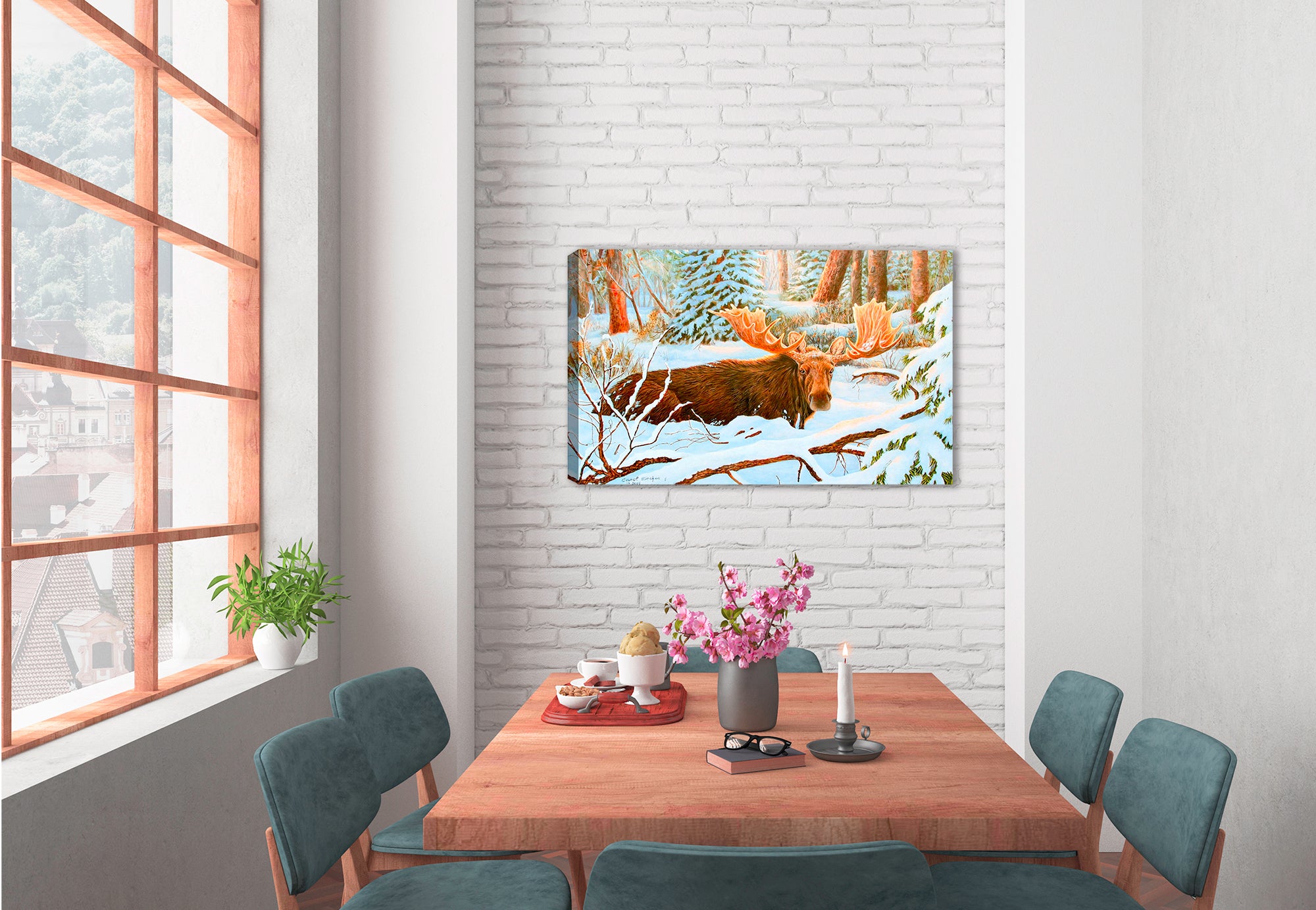 Painting of a Bull Moose  in the Deep Snow looking straight into the viewer - printed on Waterproof Canvas - Hung of Dining Room wall