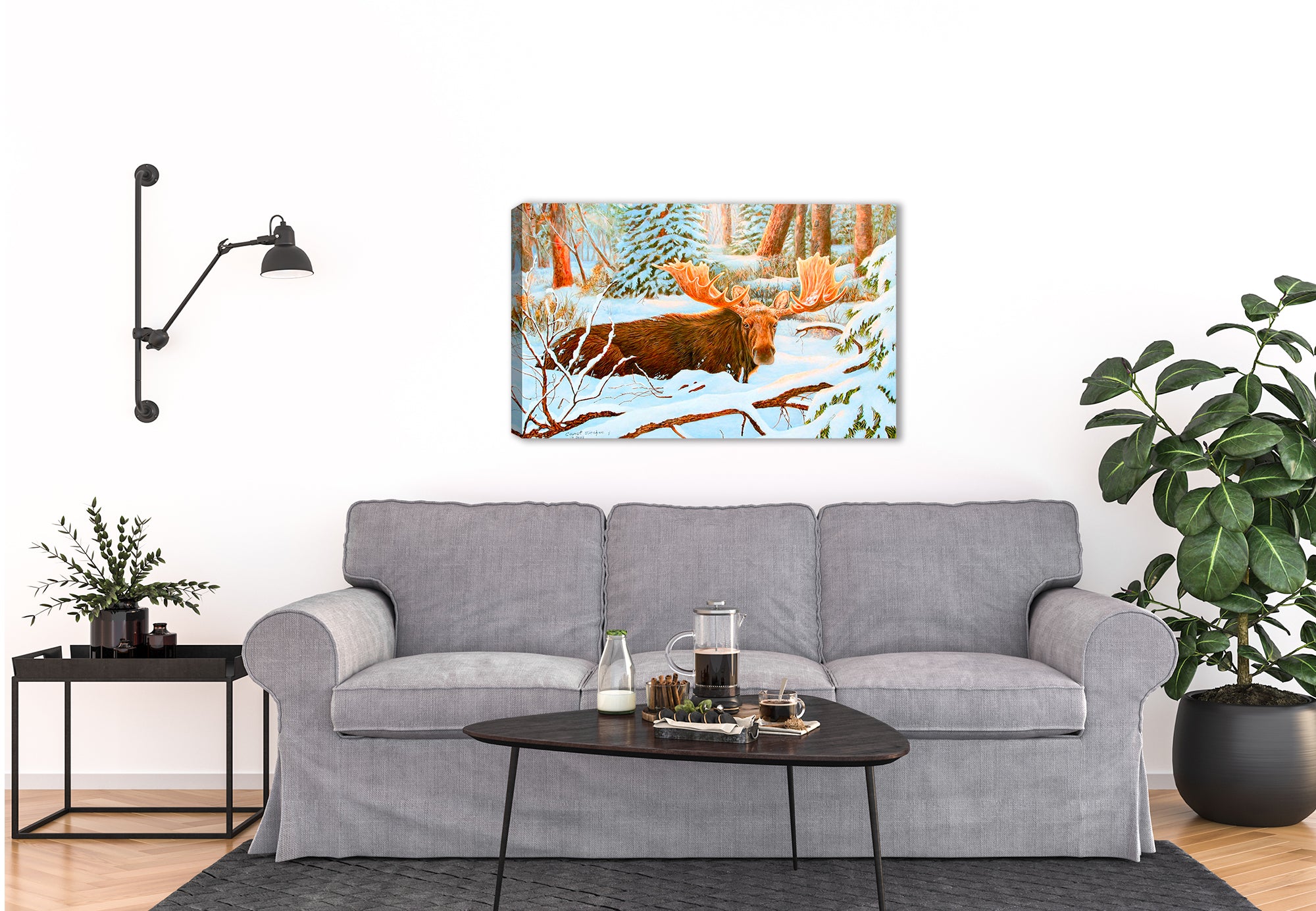 Painting of a Bull Moose  in the Deep Snow looking straight into the viewer - printed on Waterproof Canvas - Hung of Living Room  wall