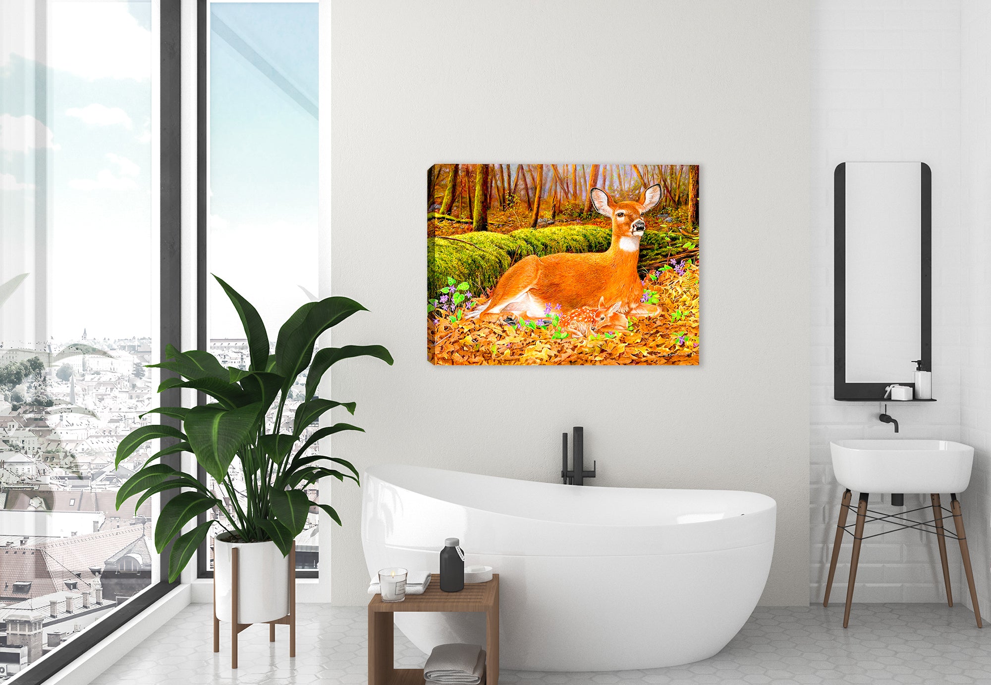 New Beginnings by Carol Decker - Deer Painting on Canvas  on bathroom wall