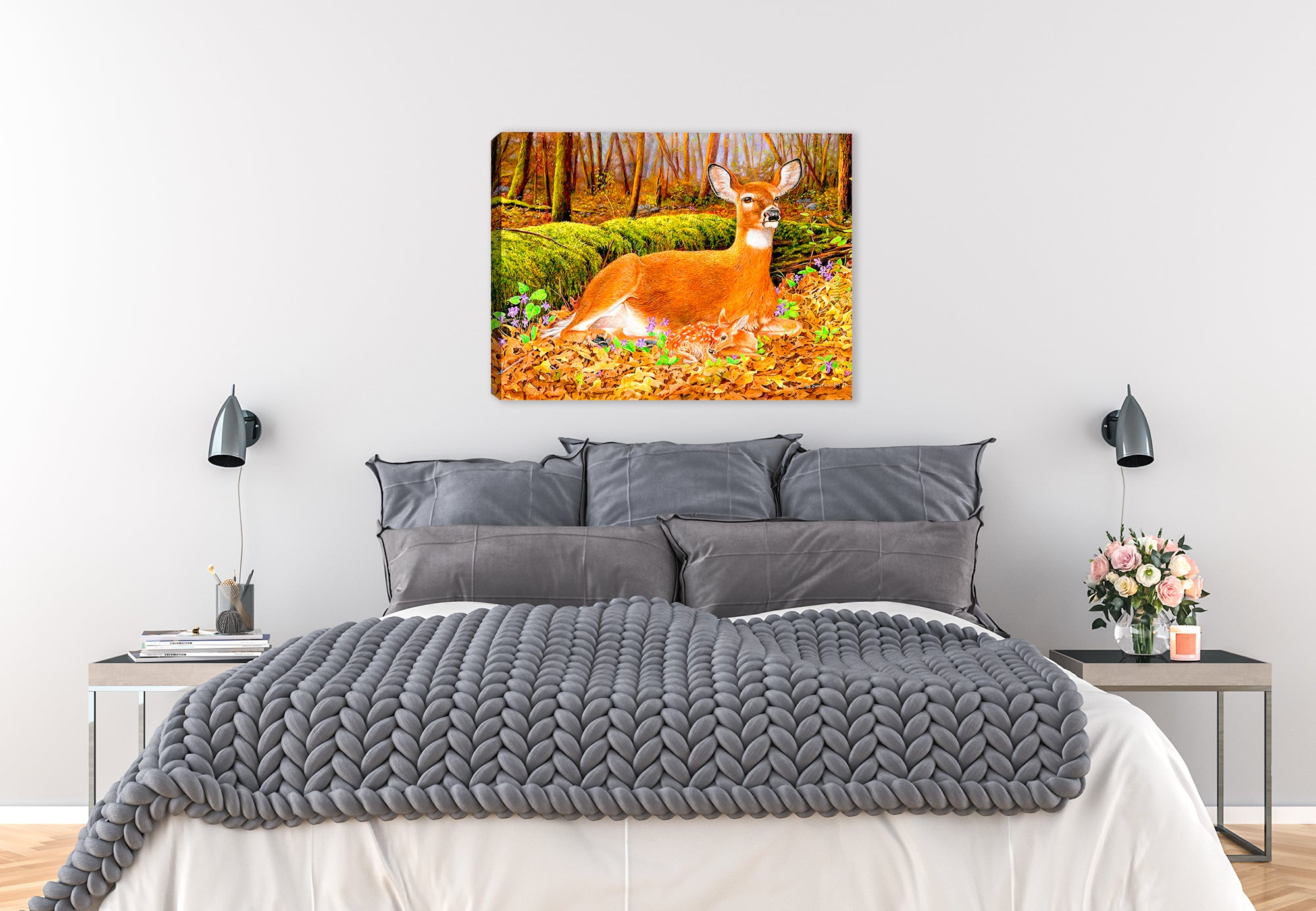 New Beginnings by Carol Decker - Deer Painting on Canvas  on bedroom wall