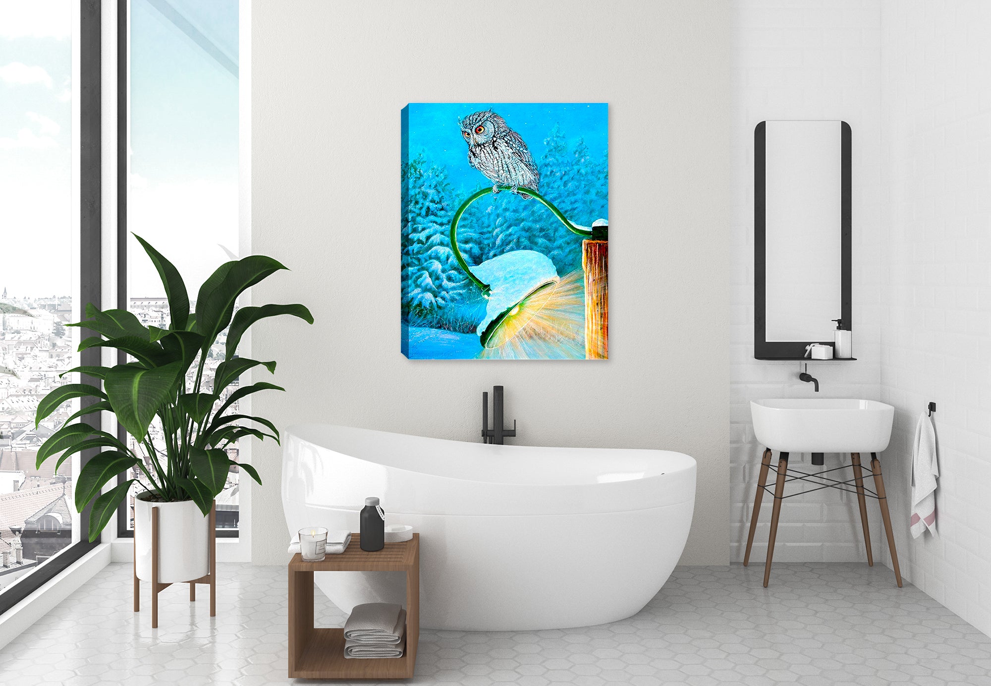 Painting f an Owl sitting on a light post at night. Printed on Canvas - Hanging on the Bathroom Wall.