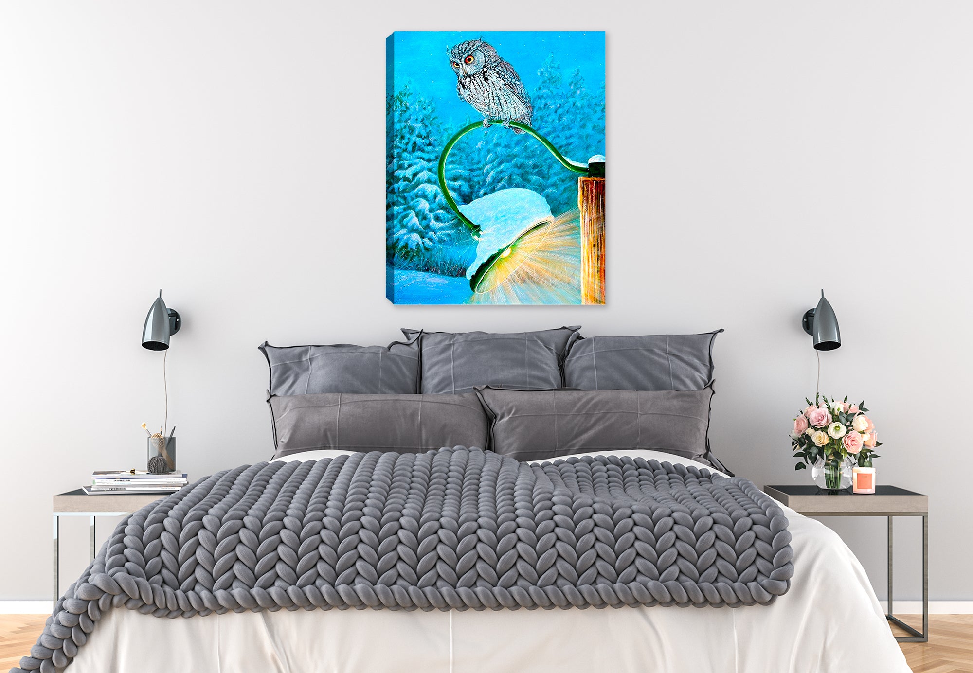 Painting f an Owl sitting on a light post at night. Printed on Canvas - Hanging on the Bedroom Wall.