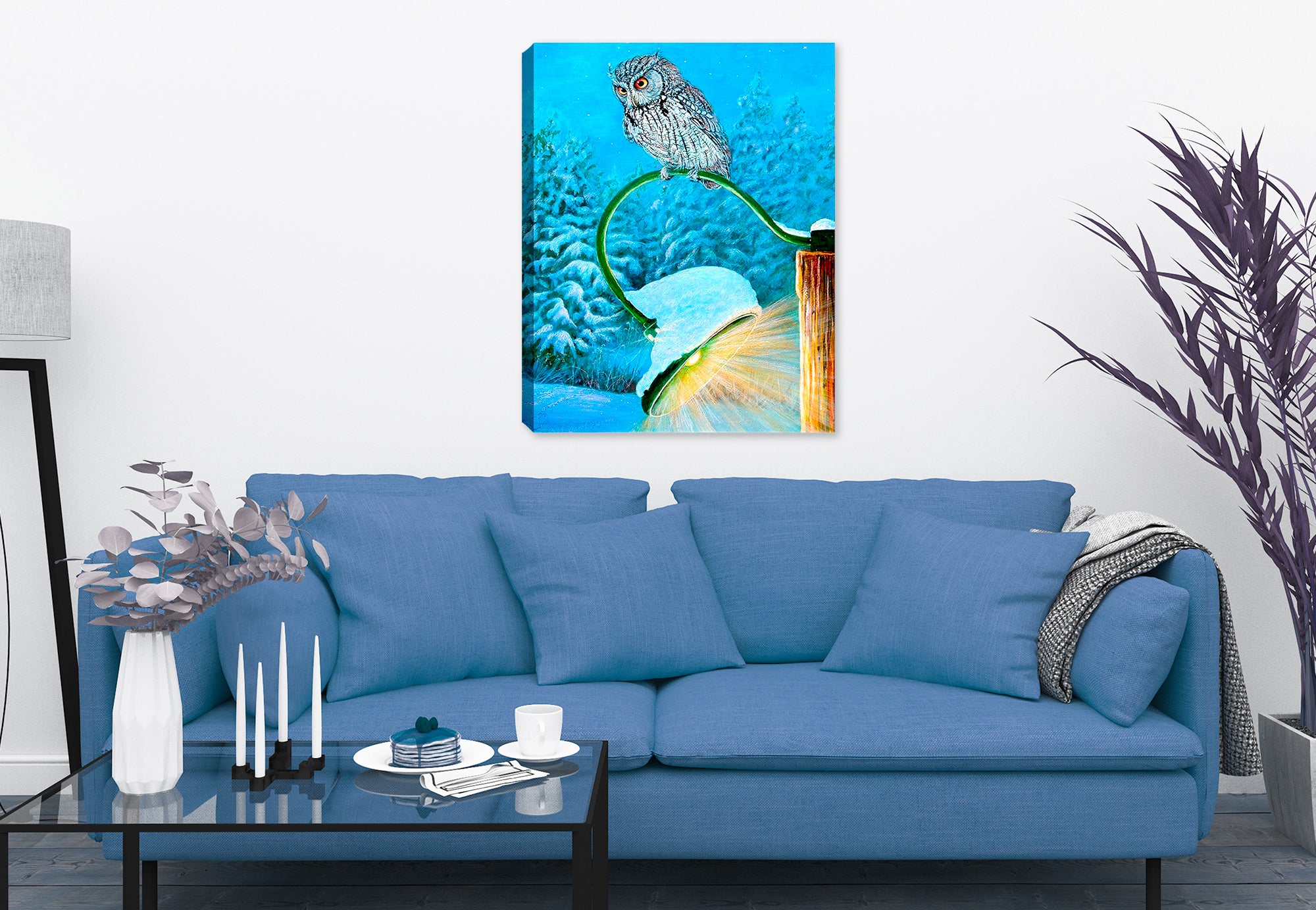 Painting f an Owl sitting on a light post at night. Printed on Canvas - Hanging on the Living Room Wall.