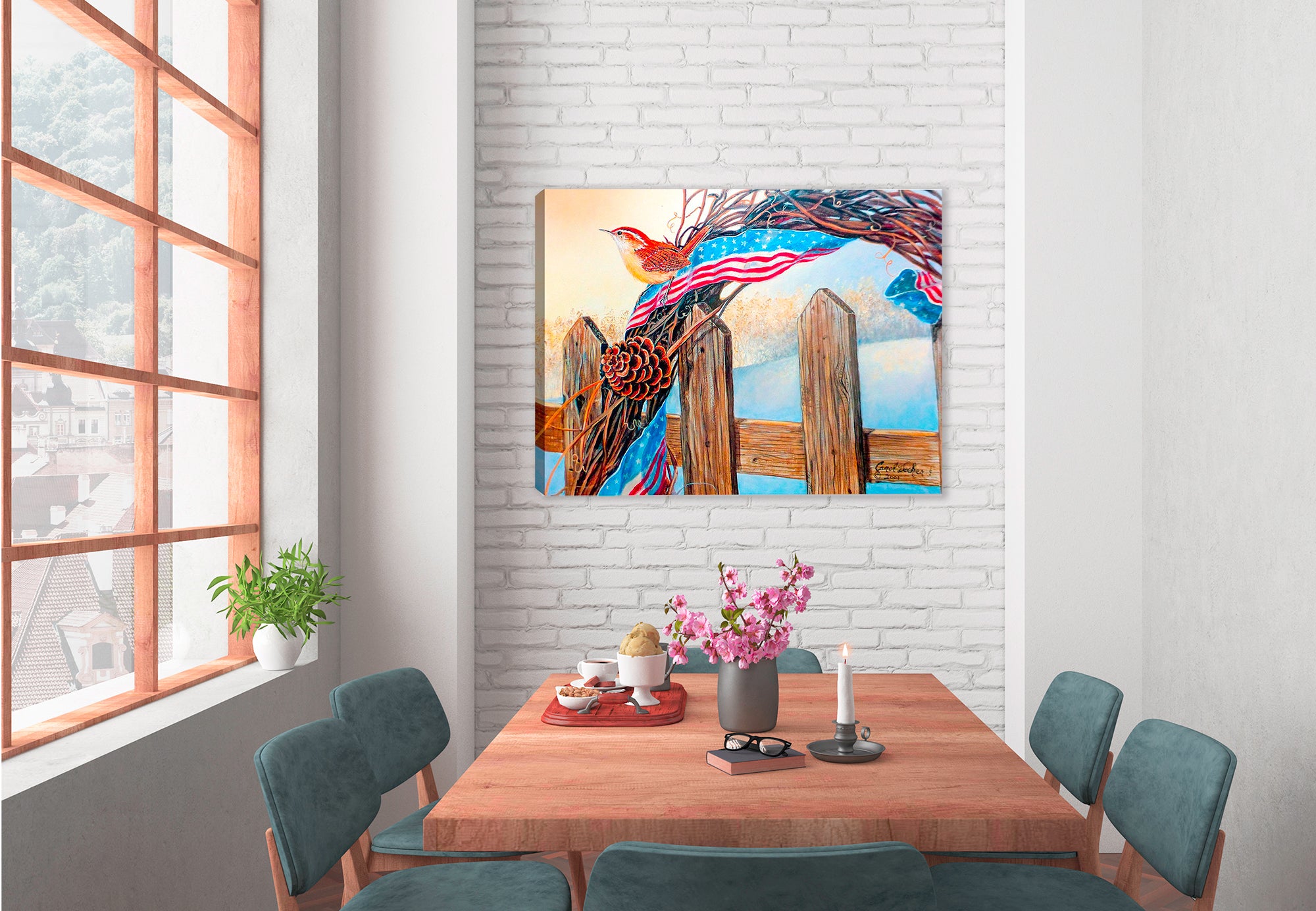 Carol Decker Painting of a Bird, American Flag on a Fence Post -  printed on Waterproof Canvas - Hanging of Dining Room Wall