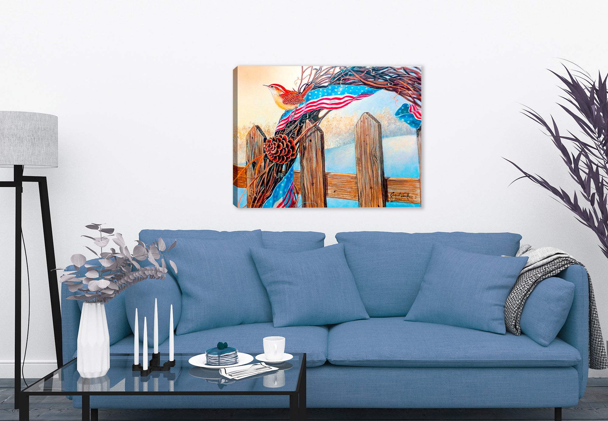 Carol Decker Painting of a Bird, American Flag on a Fence Post -  printed on Waterproof Canvas - Hanging of Living Room Wall