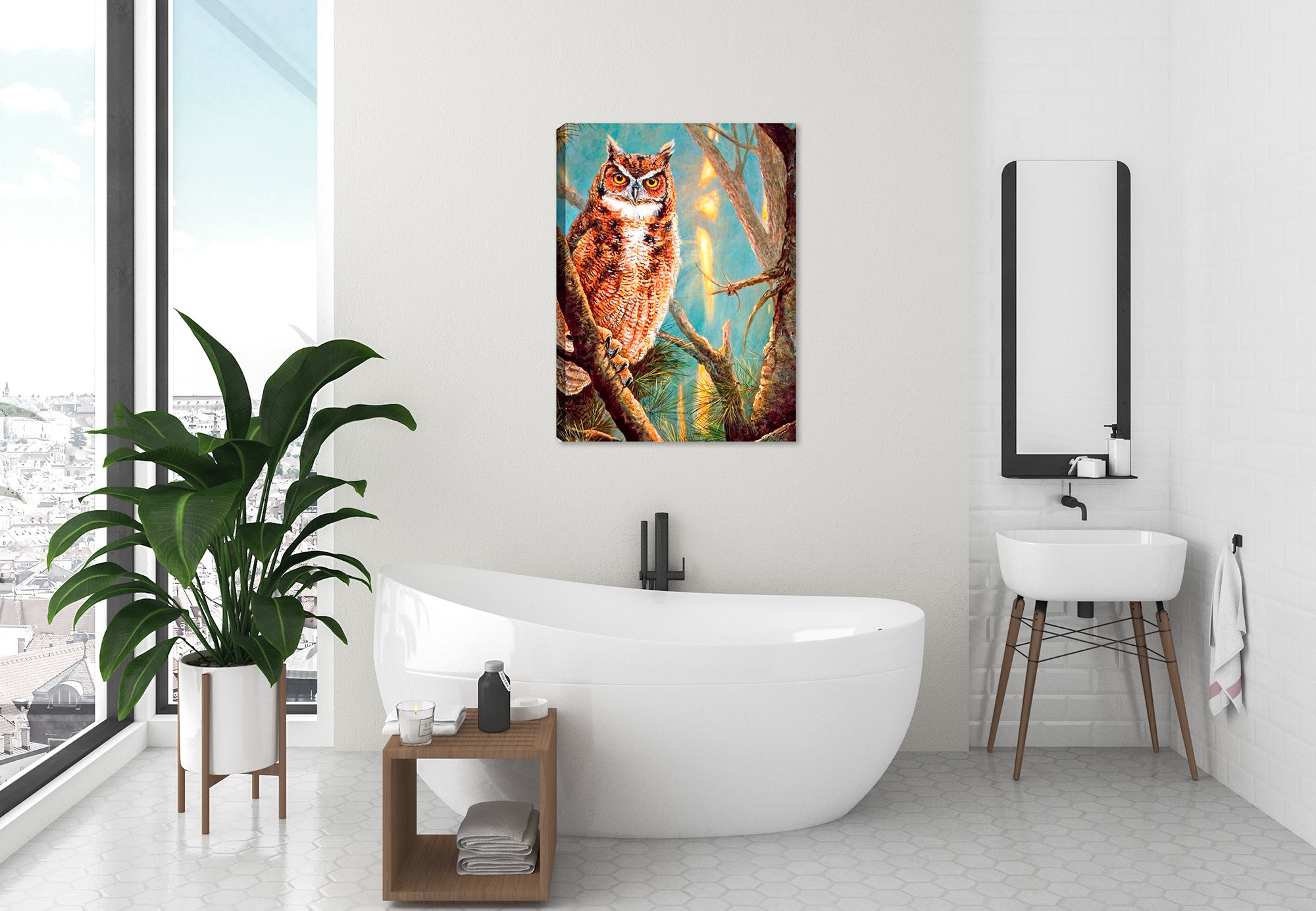 Owl Common Ground Painting printed on waterproof canvas  - hanging on Bath Room Wall