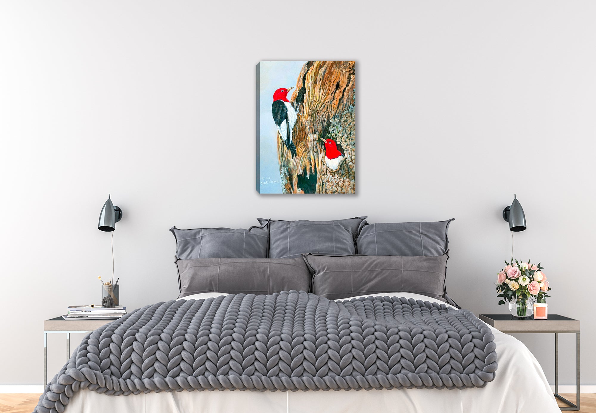 Painting of two vibrant red-headed woodpeckers in a tree - printed on Canvas - Hanging on Bedroom Wall