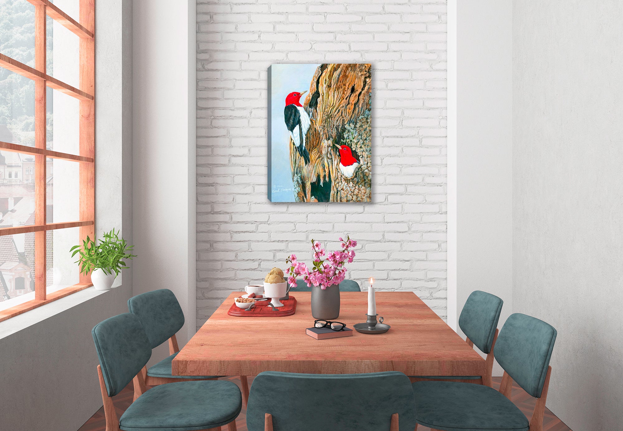 Painting of two vibrant red-headed woodpeckers in a tree - printed on Canvas - Hanging on Dining Room Wall