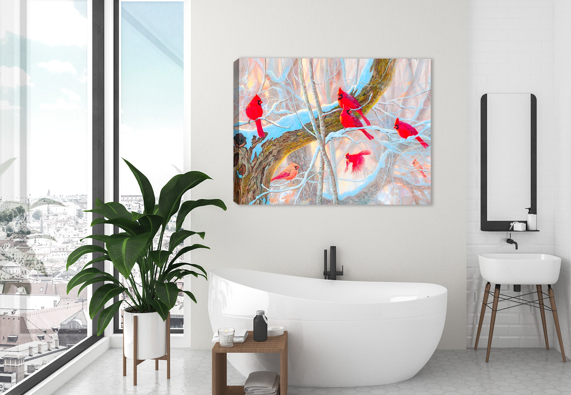 Painting of Several Red Cardinal perched on Snow Covered Tree Branches - Printed on Canvas - Hanging on Bathroom Wall