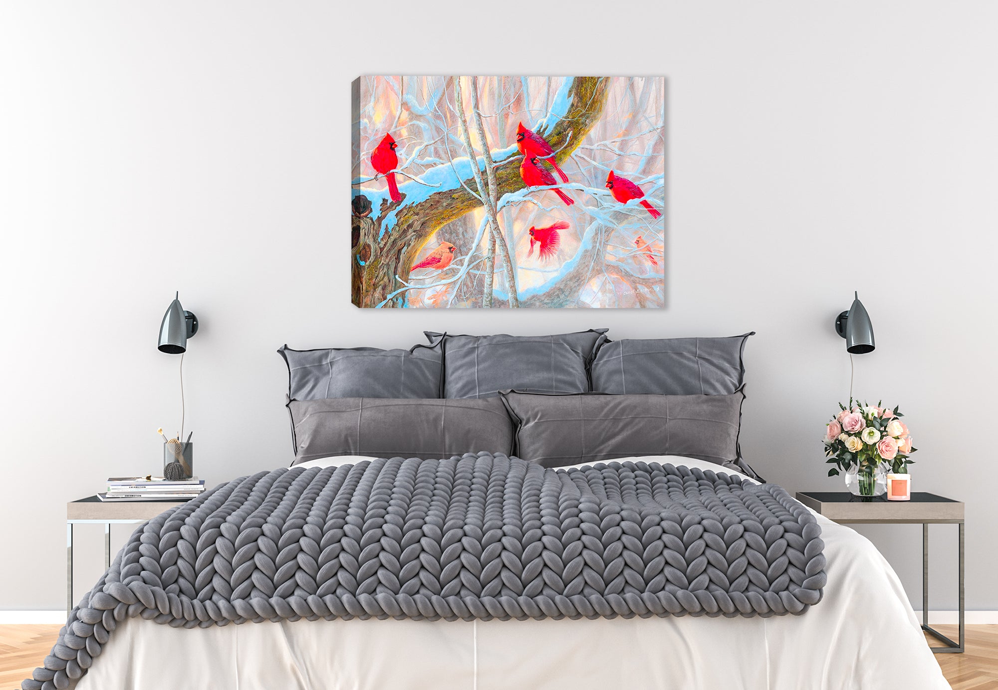 Painting of Several Red Cardinal perched on Snow Covered Tree Branches - Printed on Canvas - Hanging on Bedroom Wall