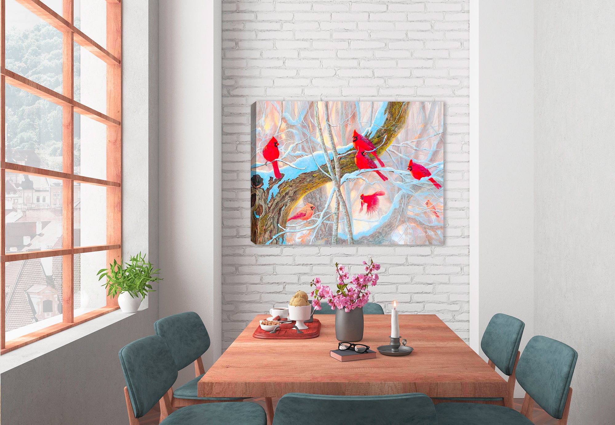 Painting of Several Red Cardinal perched on Snow Covered Tree Branches - Printed on Canvas - Hanging on Dining Room Wall