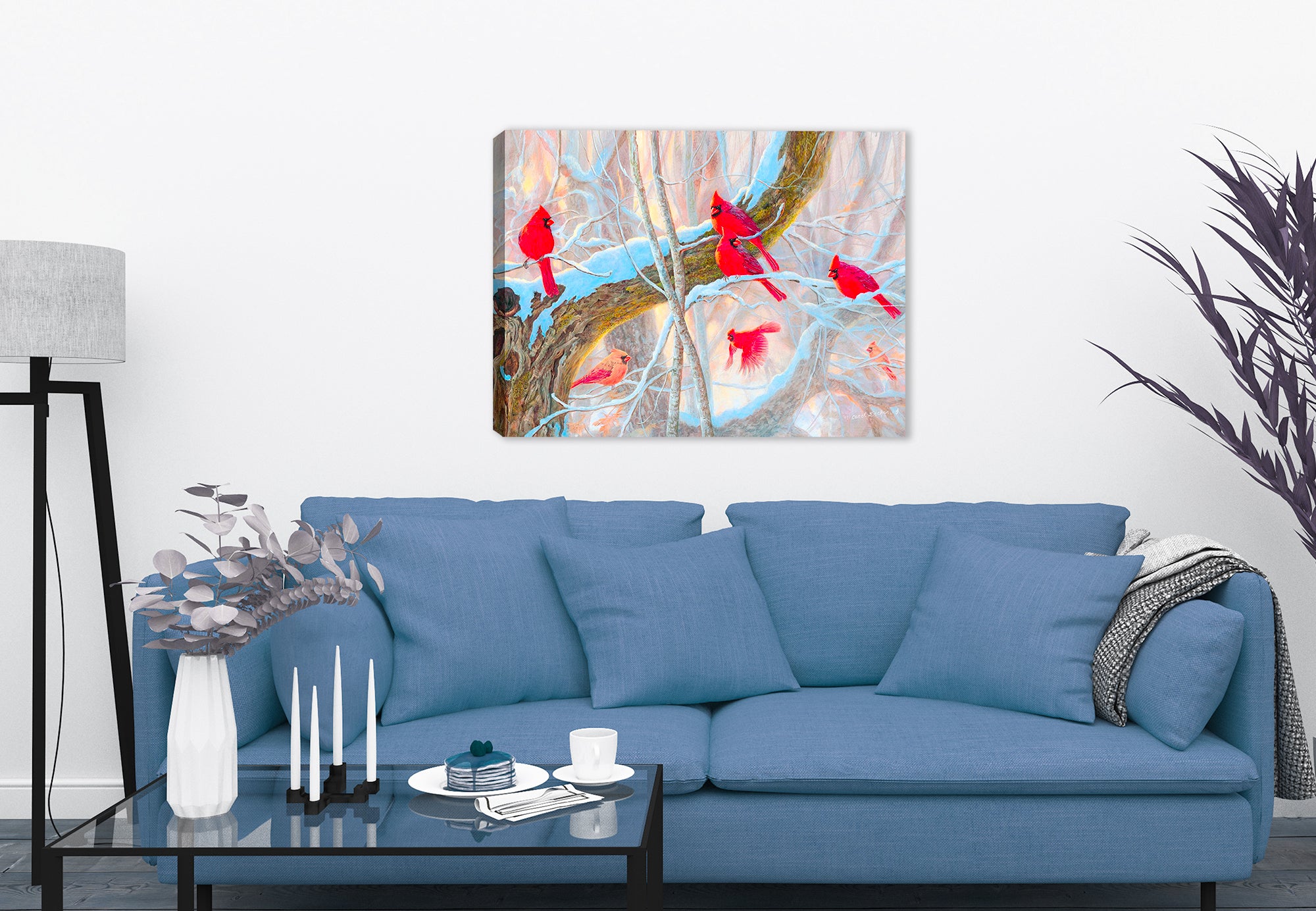 Painting of Several Red Cardinals images perched on Snow-Covered Tree Branches - Printed on Canvas - Hanging on Living Room Wall