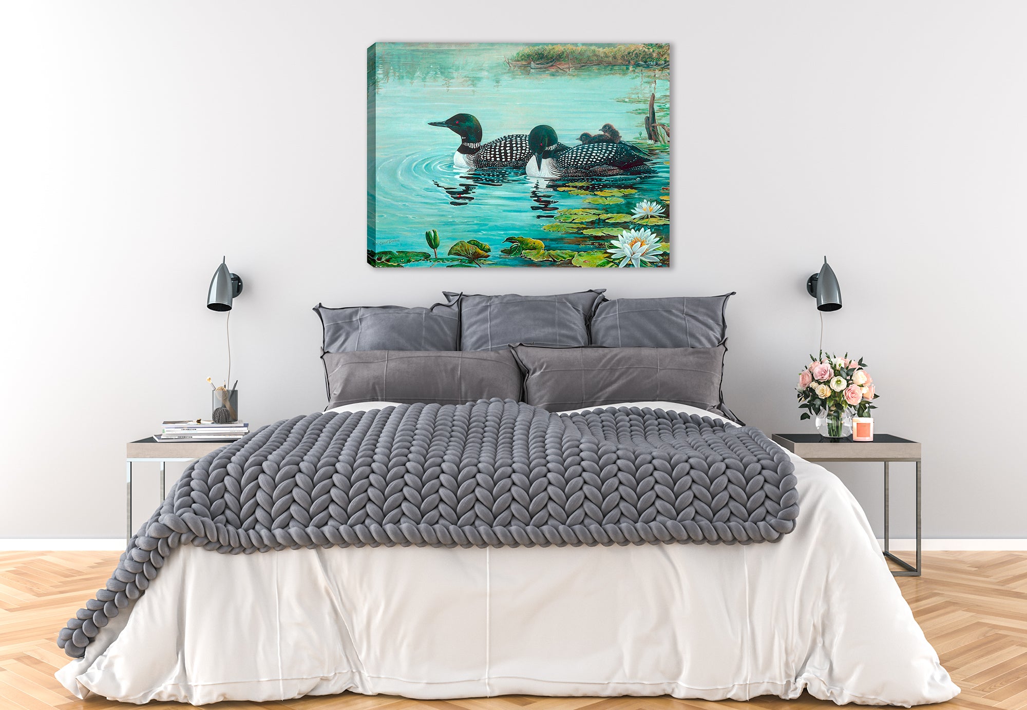 Painting of Loons and Lilies on a pond.  Printed on Waterproof Canvas.  Hanging on Bedroom Wall.
