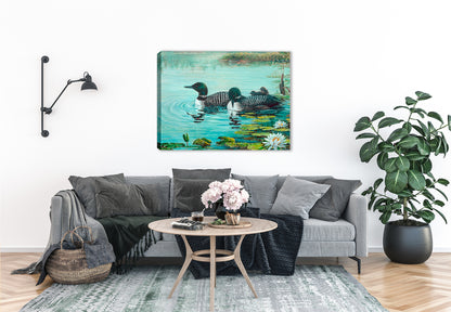 Painting of Loons and Lilies on a pond.  Printed on Waterproof Canvas.  Hanging in Living Room.