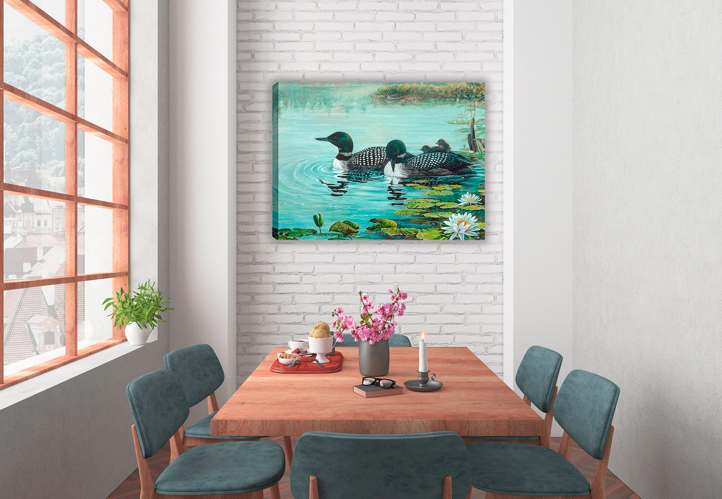 Painting of Loons and Lilies on a pond.  Printed on Waterproof Canvas.  Hanging in Dining Room.