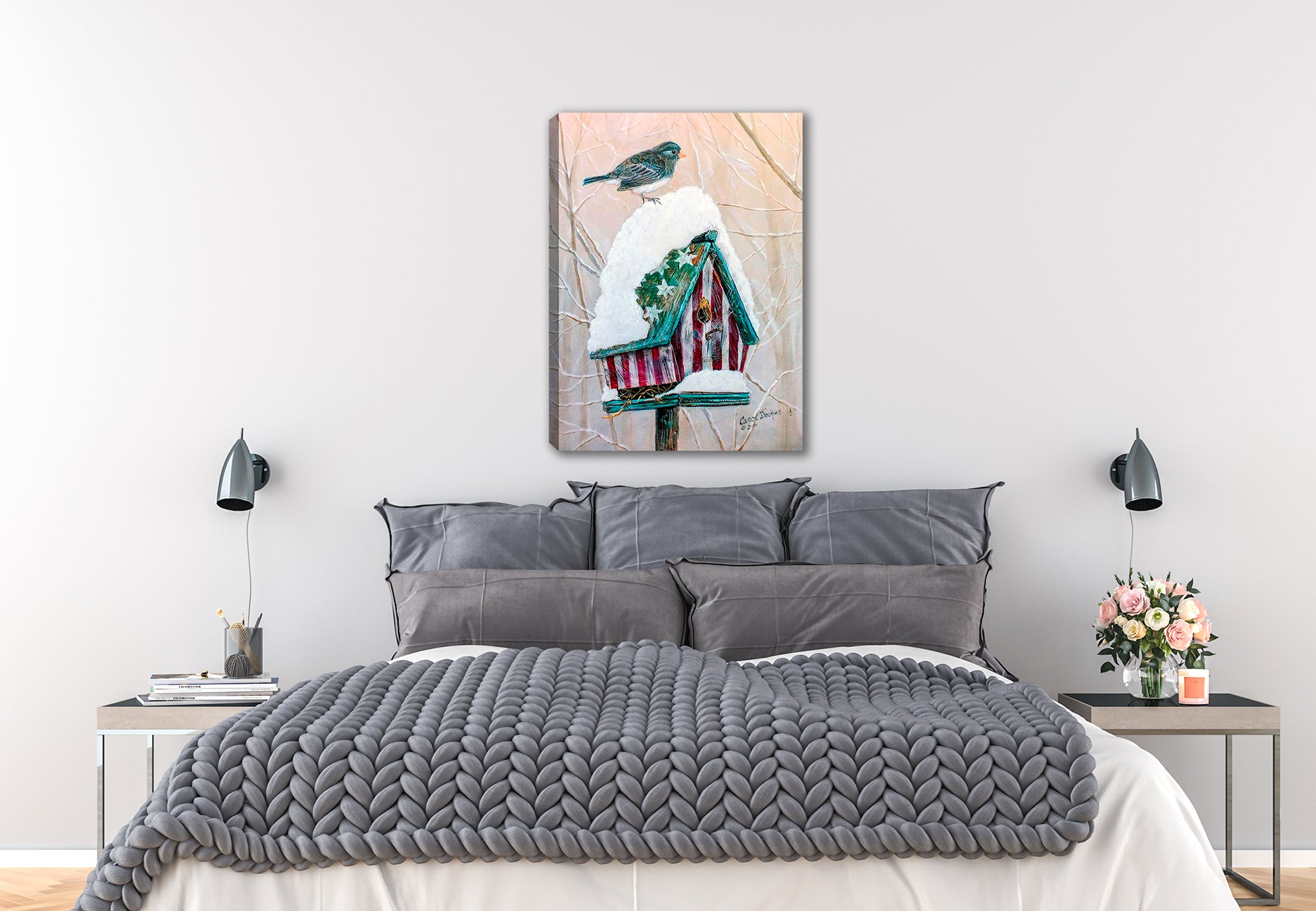 Stars and Stripes Bird House with Bird  standing on Snow - Printed on Canvas. Hanging on Bedroom Wall.