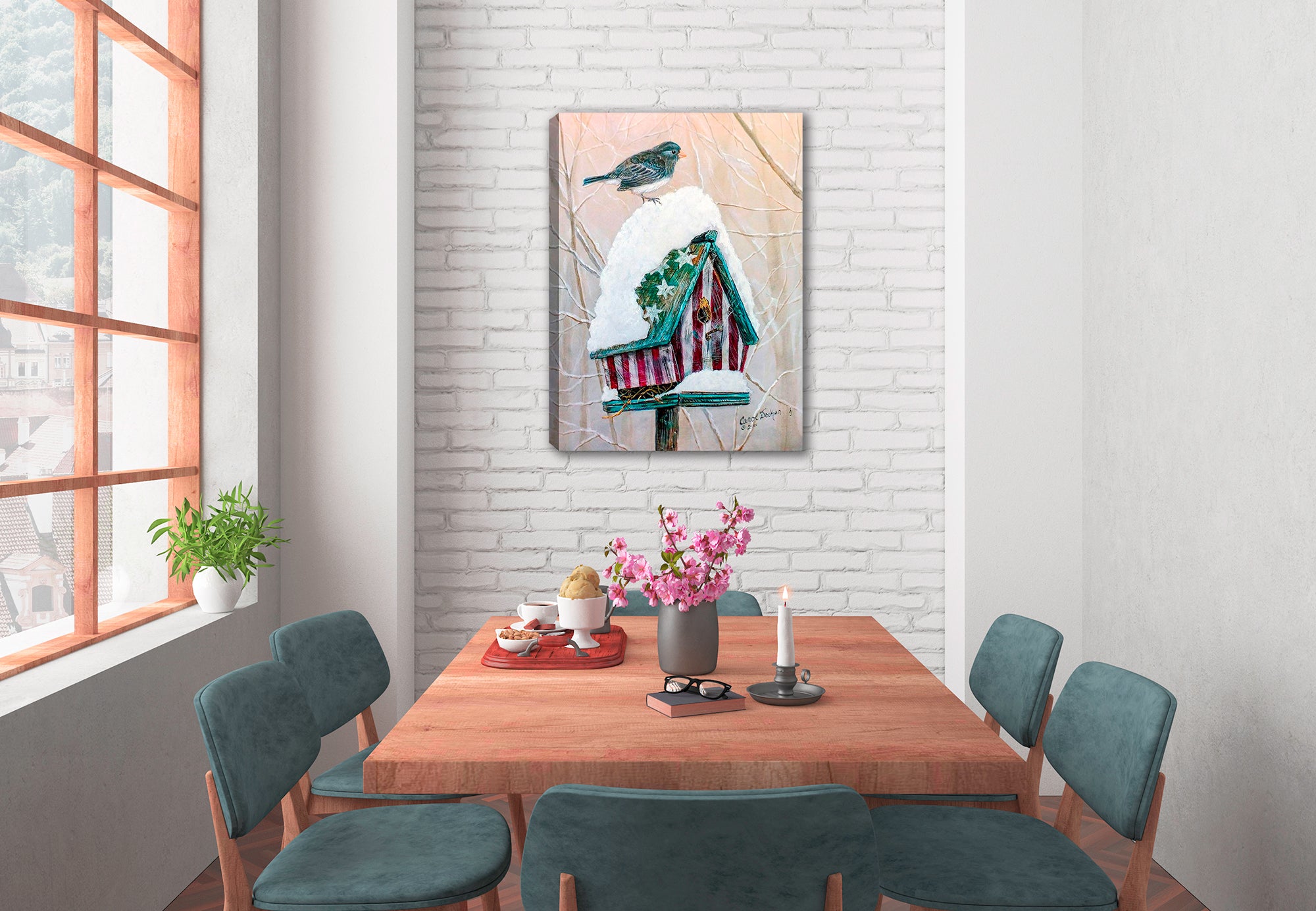 Stars and Stripes Bird House with Bird  standing on Snow - Printed on Canvas. Hanging on Dining Room Wall. 