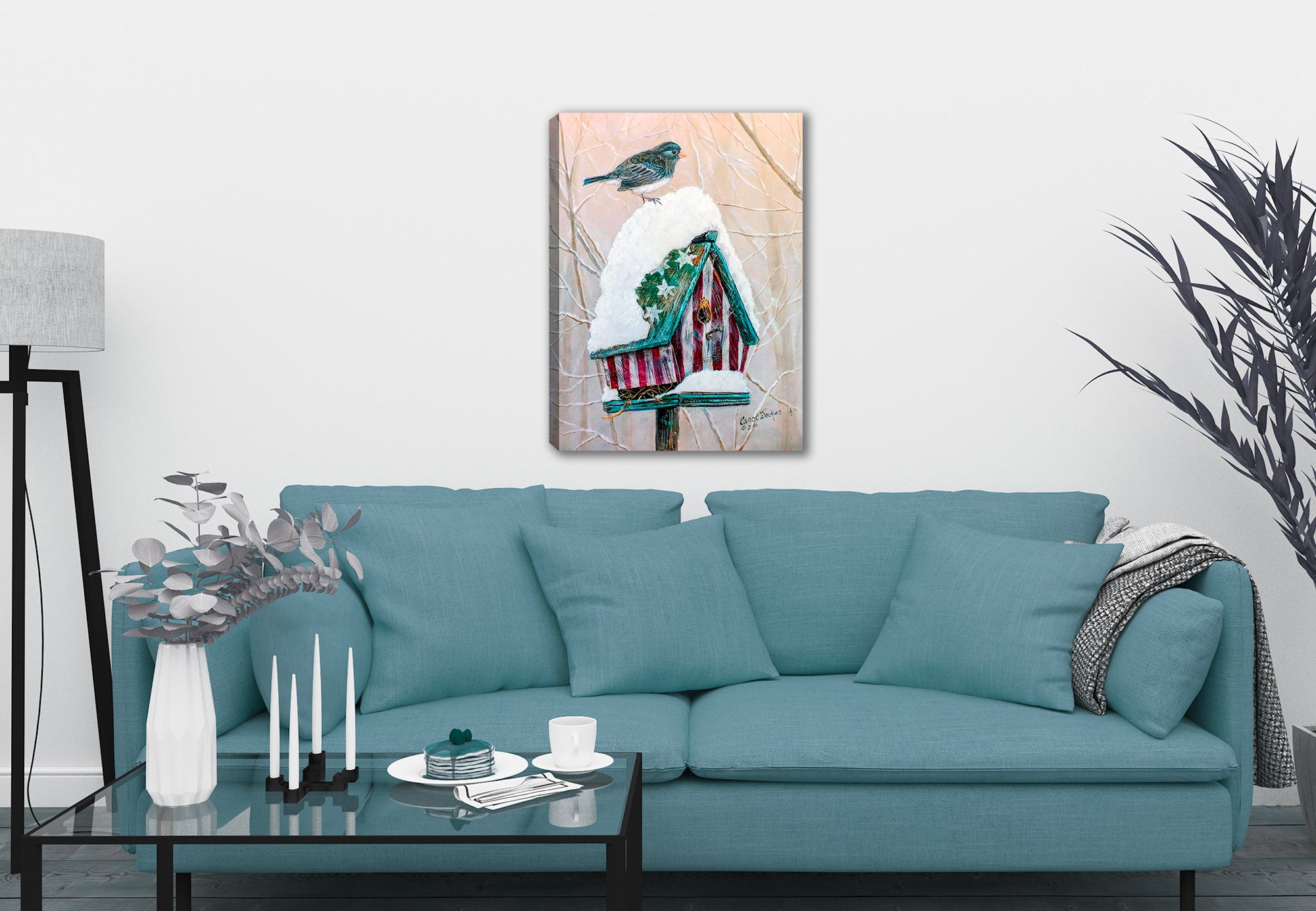 Stars and Stripes Bird House with Bird  standing on Snow - Printed on Canvas. Hanging on Living Room Wall.