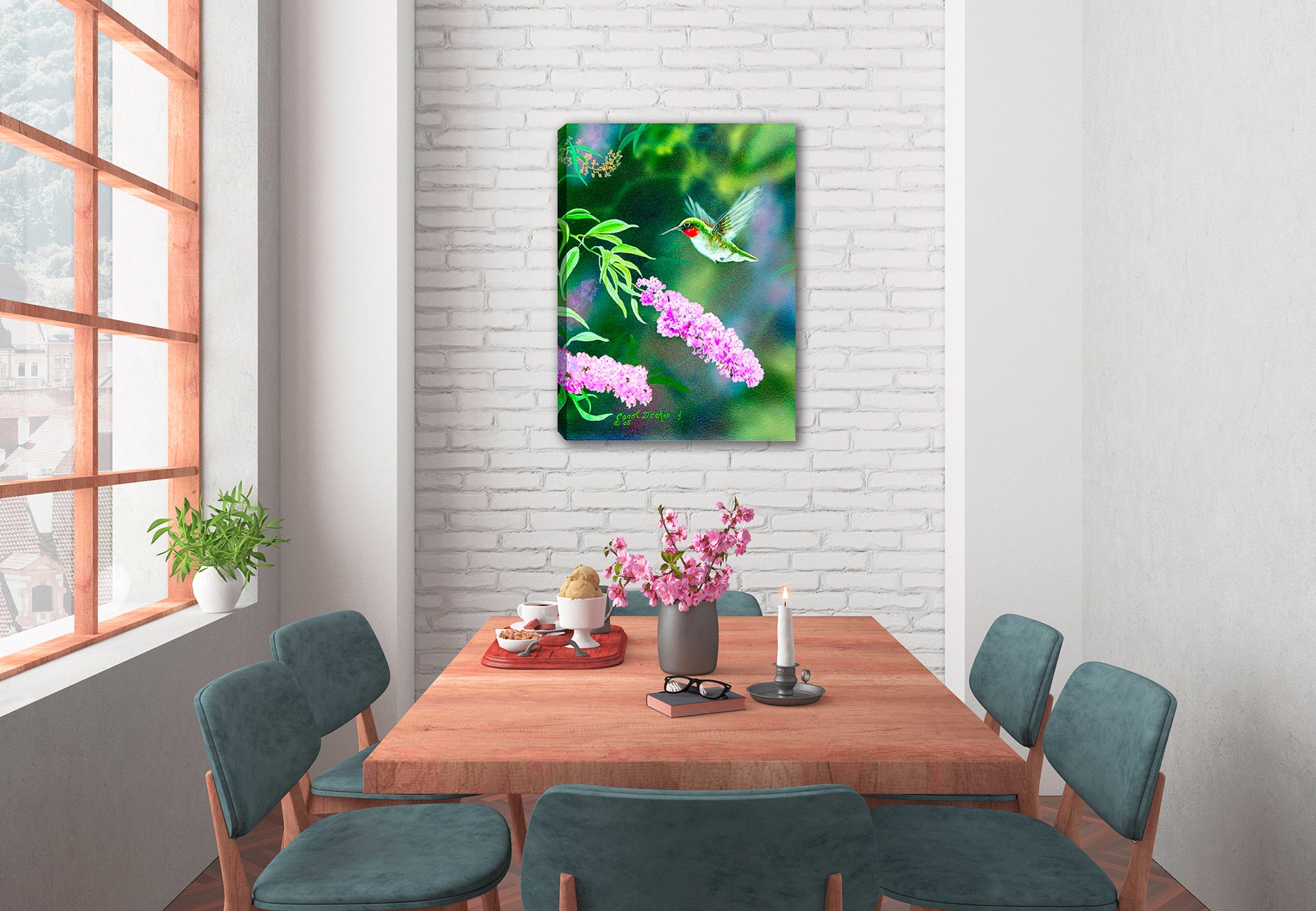 Summer Joy - Hummingbird  Painting - Printed on Canvas. Hanging on Dining Room Wall.