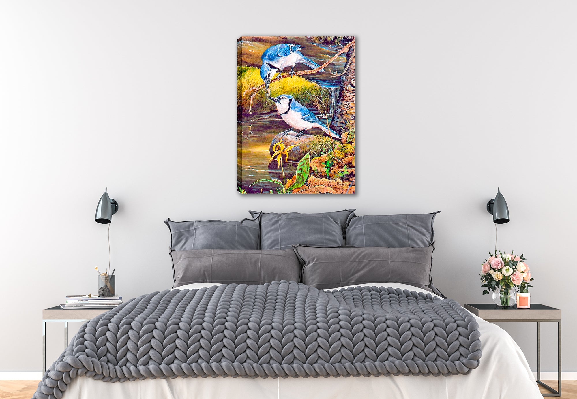Painted Blue Jays in a Tender Moment - Printed on Canvas.  Hanging on Bedroom Wall.