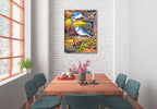 Painted Blue Jays in a Tender Moment - Printed on Canvas.  Hanging on Dining Room Wall.