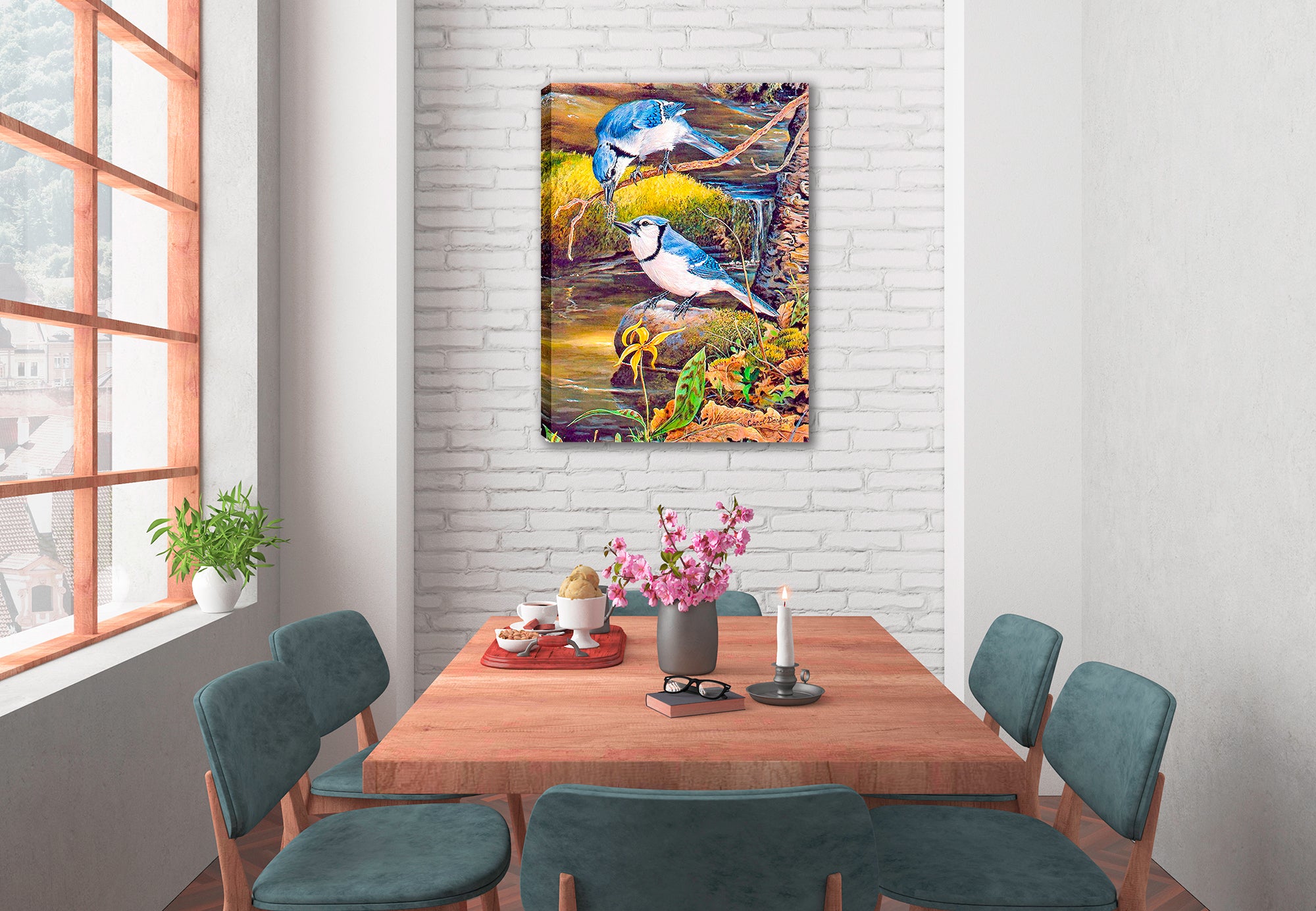 Painted Blue Jays in a Tender Moment - Printed on Canvas.  Hanging on Dining Room Wall.