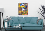 Painted Blue Jays in a Tender Moment - Printed on Canvas.  Hanging on Living Room Wall.